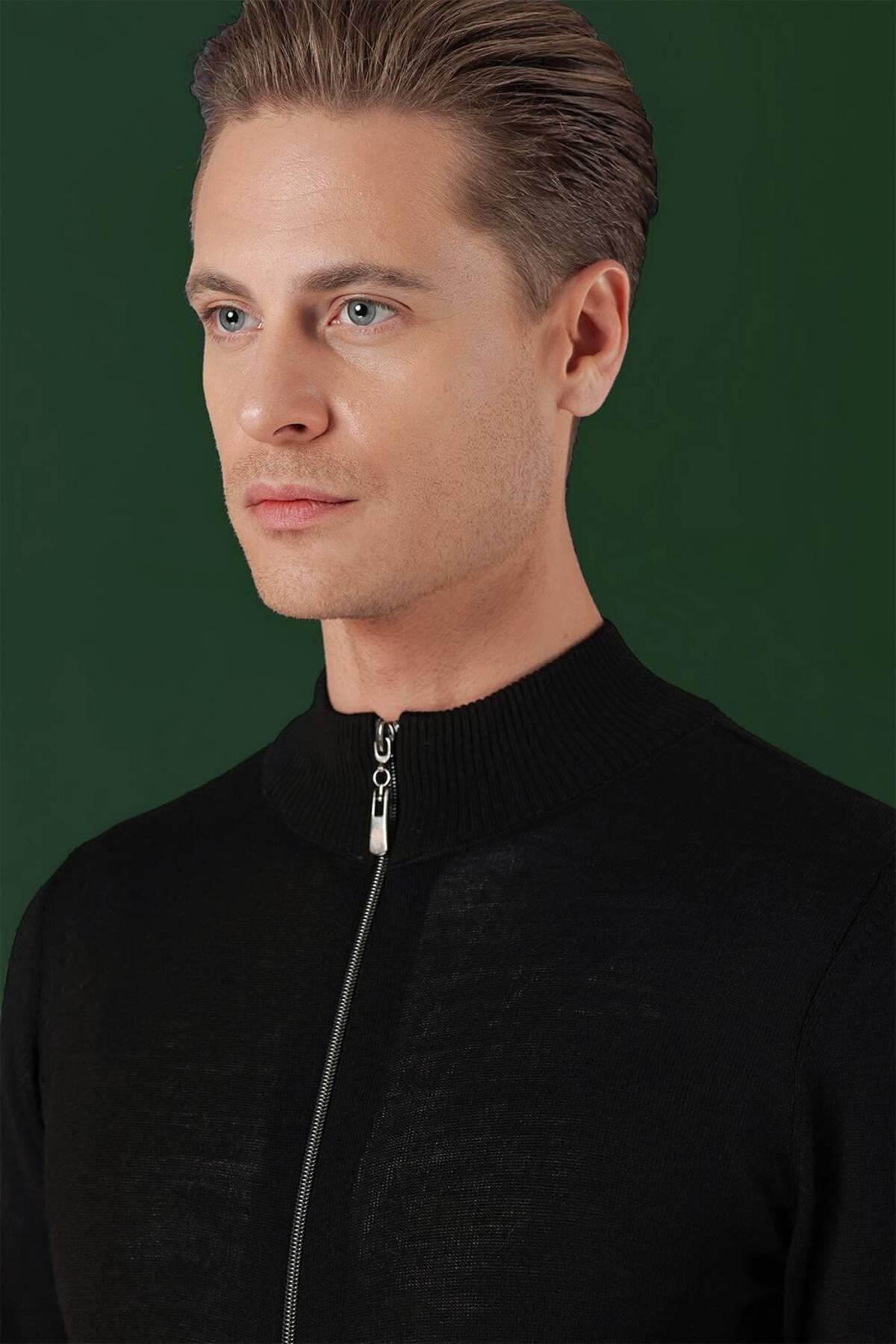 Efor Erkek Slim Fit Ribanalı Yünlü Fermuarlı Hırka Siyah Triko Kazak TR 860 görsel 8