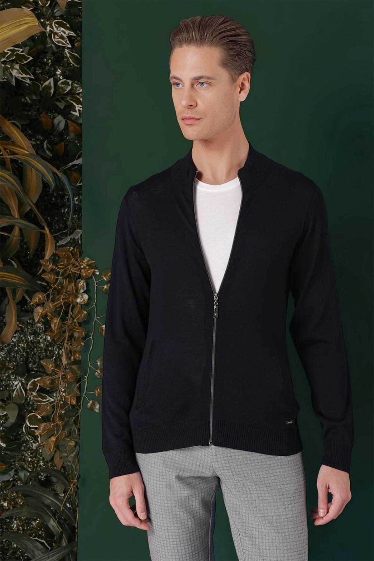 Erkek Slim Fit Ribanalı Yünlü Fermuarlı Hırka Lacivert Triko Kazak TR 860 — سرمه‌ای TR860K0823 — تصویر 2 از 5