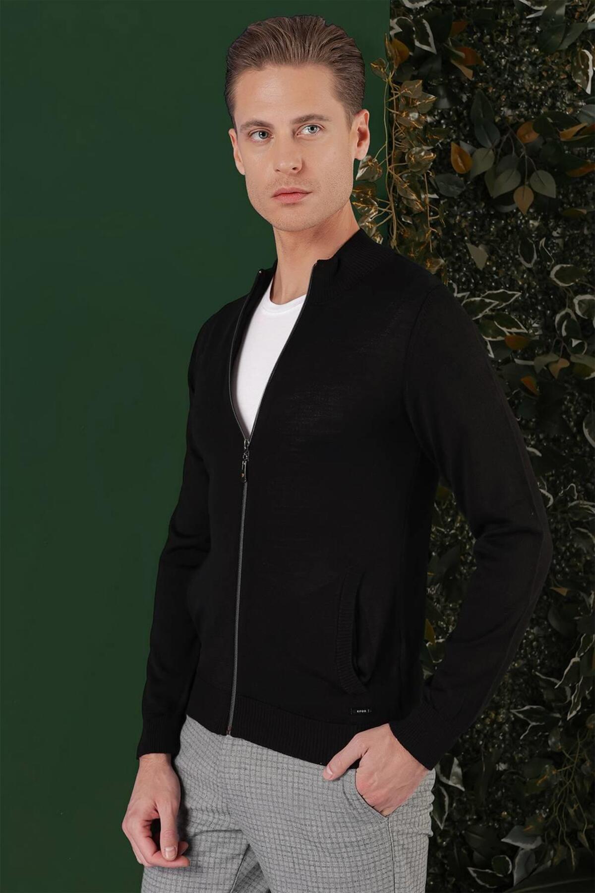 Efor Erkek Slim Fit Ribanalı Yünlü Fermuarlı Hırka Siyah Triko Kazak TR 860 görsel 2