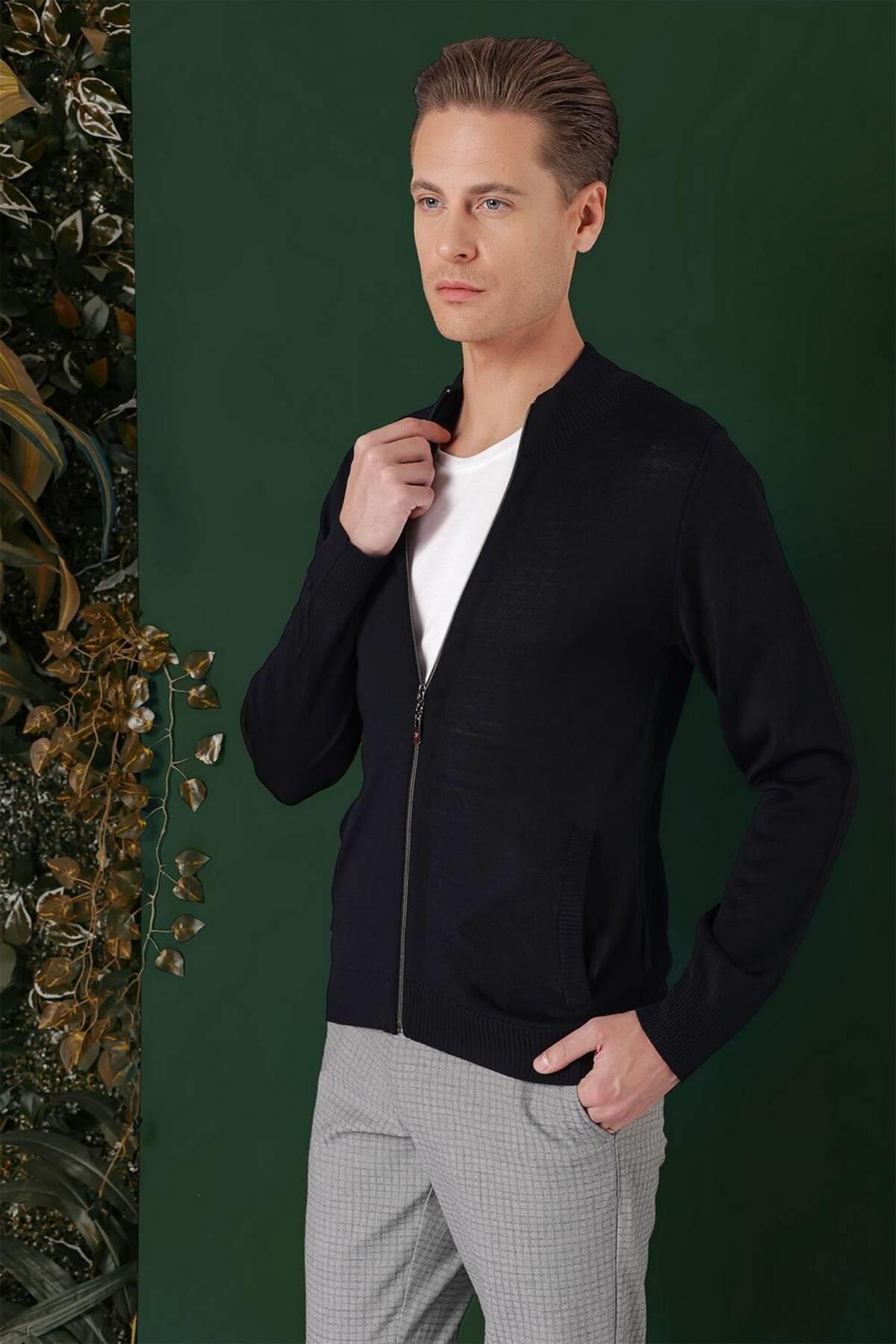 Erkek Slim Fit Ribanalı Yünlü Fermuarlı Hırka Lacivert Triko Kazak TR 860 — سرمه‌ای TR860K0823 — تصویر 4 از 5