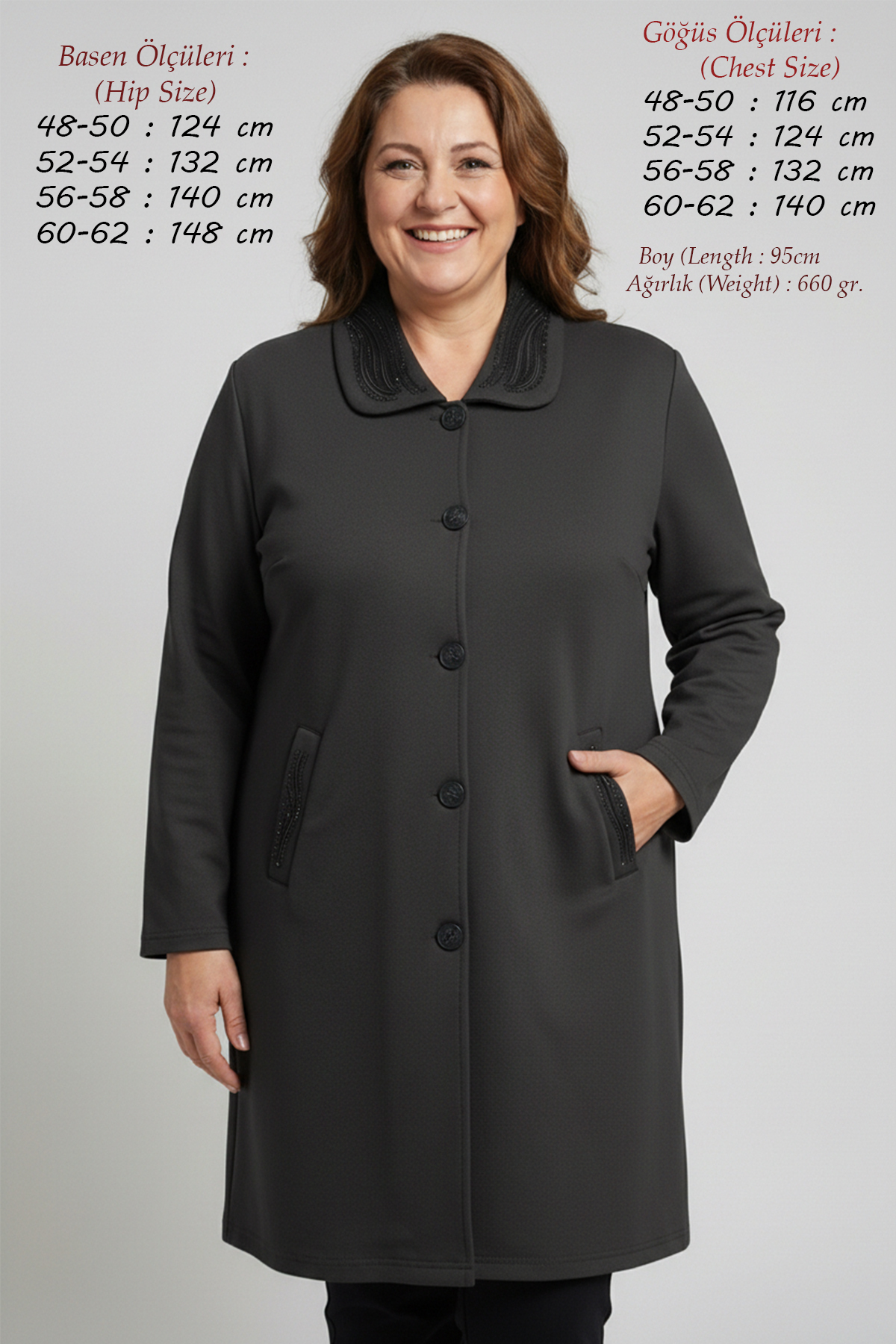Knitwear Seasonal Steel Knit Plus Size Embroidered Gemstone Cap Long Cardigan Anthracite Grey Mother Cardigan