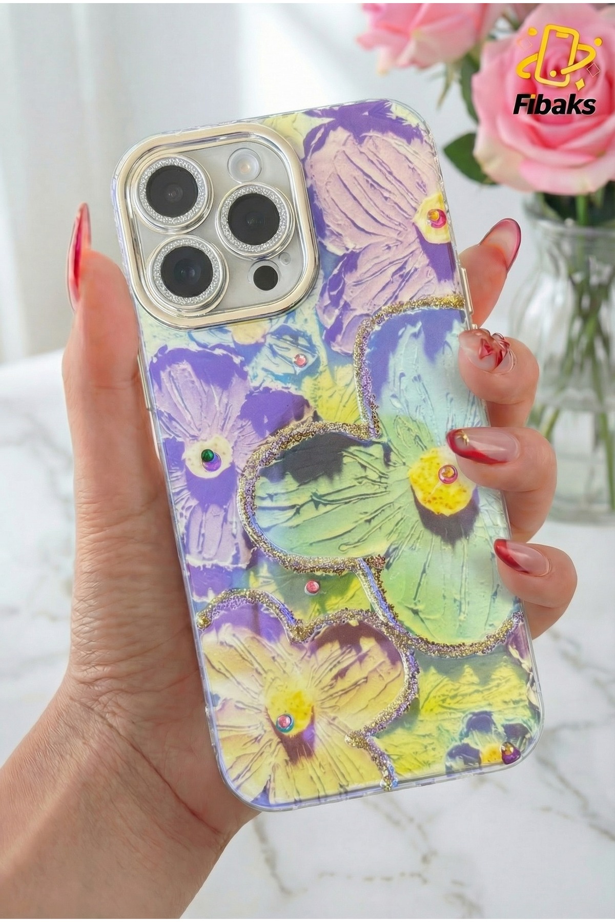 iPhone 16 Pro Max Case Color Changing Stone Camera Blue Flower Pattern Shock Absorber with Lens Protection