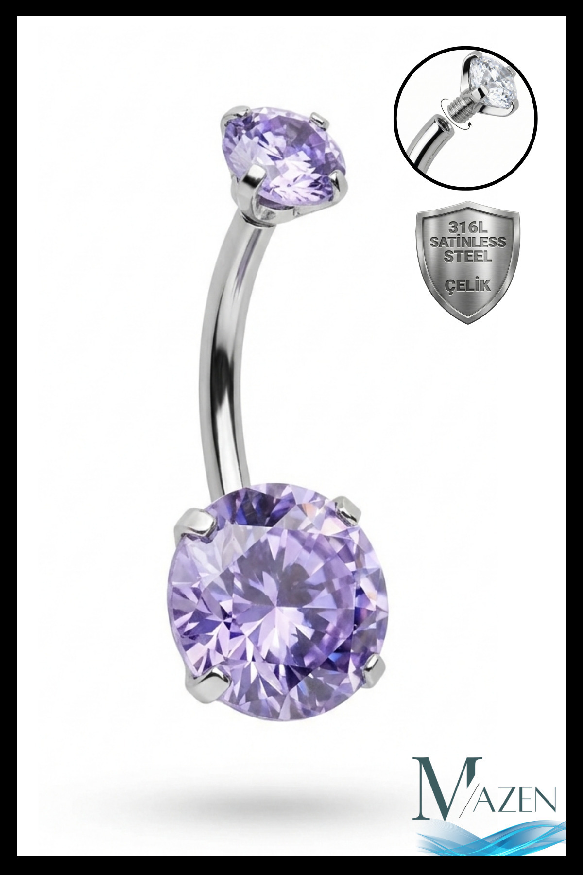 Cerahhi Steel Belly Piercing Round Zircon Stone Lilac Antiallergic
