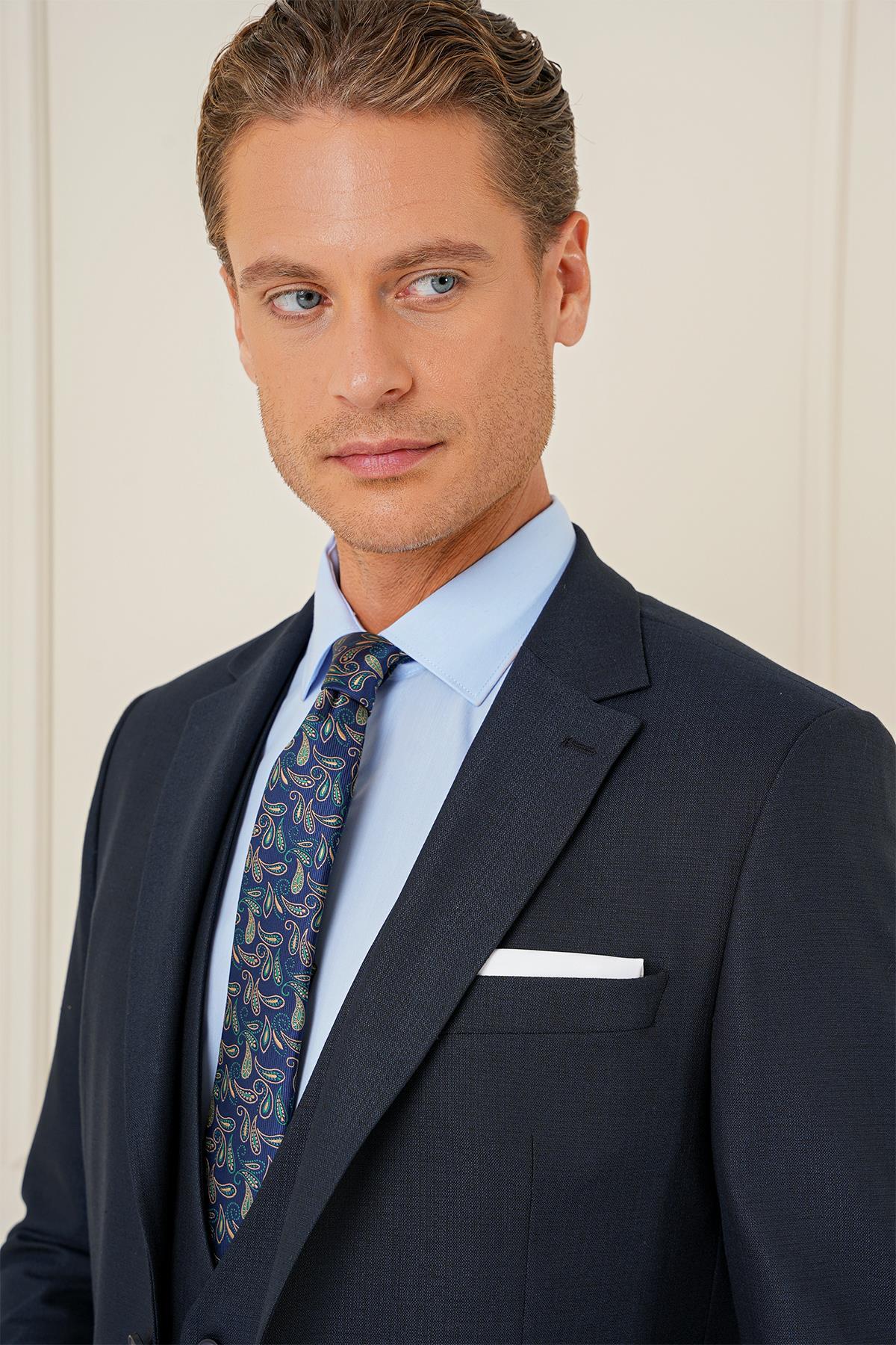 Efor  Slim Fit Çift Yıtmaç Lacivert Klasik Yelekli Takım Elbise TK 896 - Görsel 7