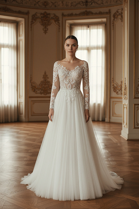 GÖKŞİN MODA Uzunkol Kırık Beyaz inci ve Boncuk İşlemeli Gelinlik