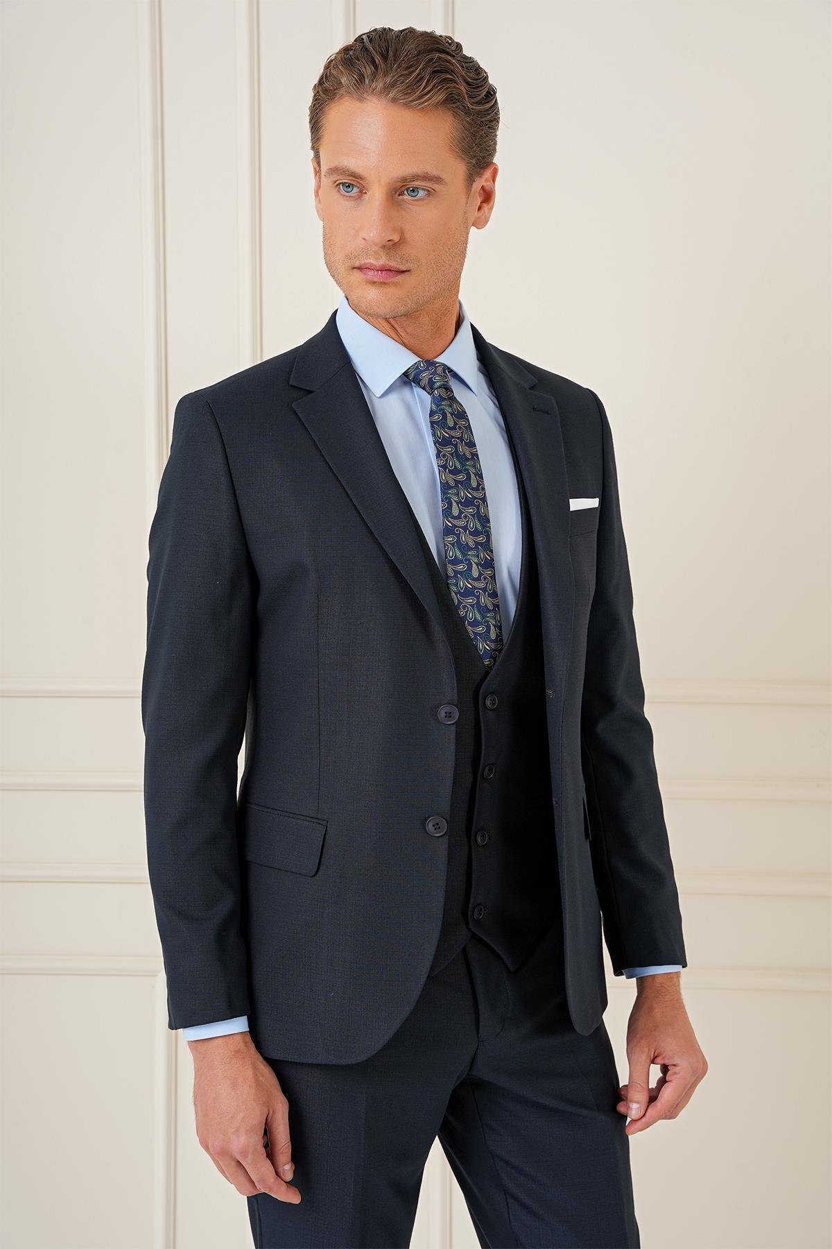 Efor  Slim Fit Çift Yıtmaç Lacivert Klasik Yelekli Takım Elbise TK 896 - Görsel 5