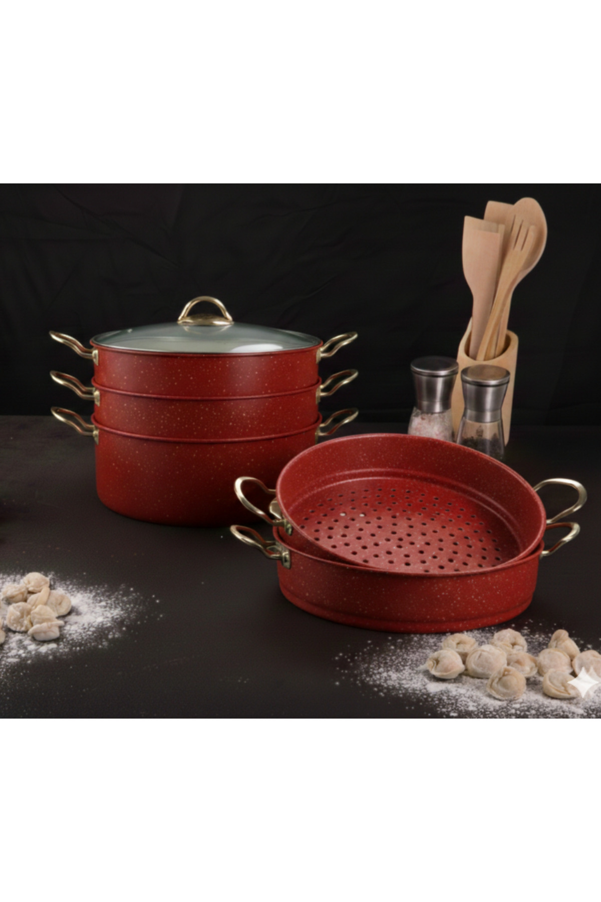 Evren 6 Parça 30 Cm Red Ezme Seri Buharlı Pişirici, Mantı Tencere Seti 7,5 Lt fotoğrafı 4 (önizleme)