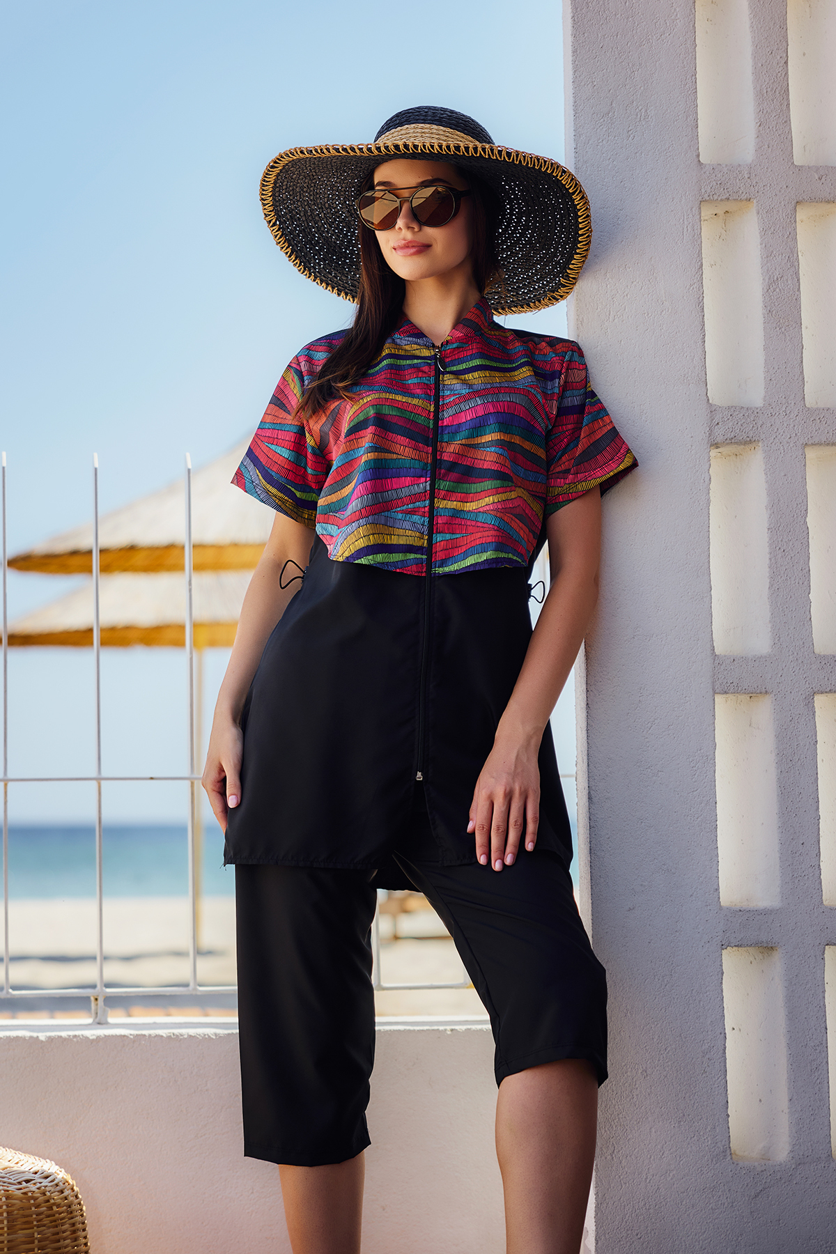 Parachute Short Sleeve Half Closed Swimsuit with Front Cover Nurel R2606