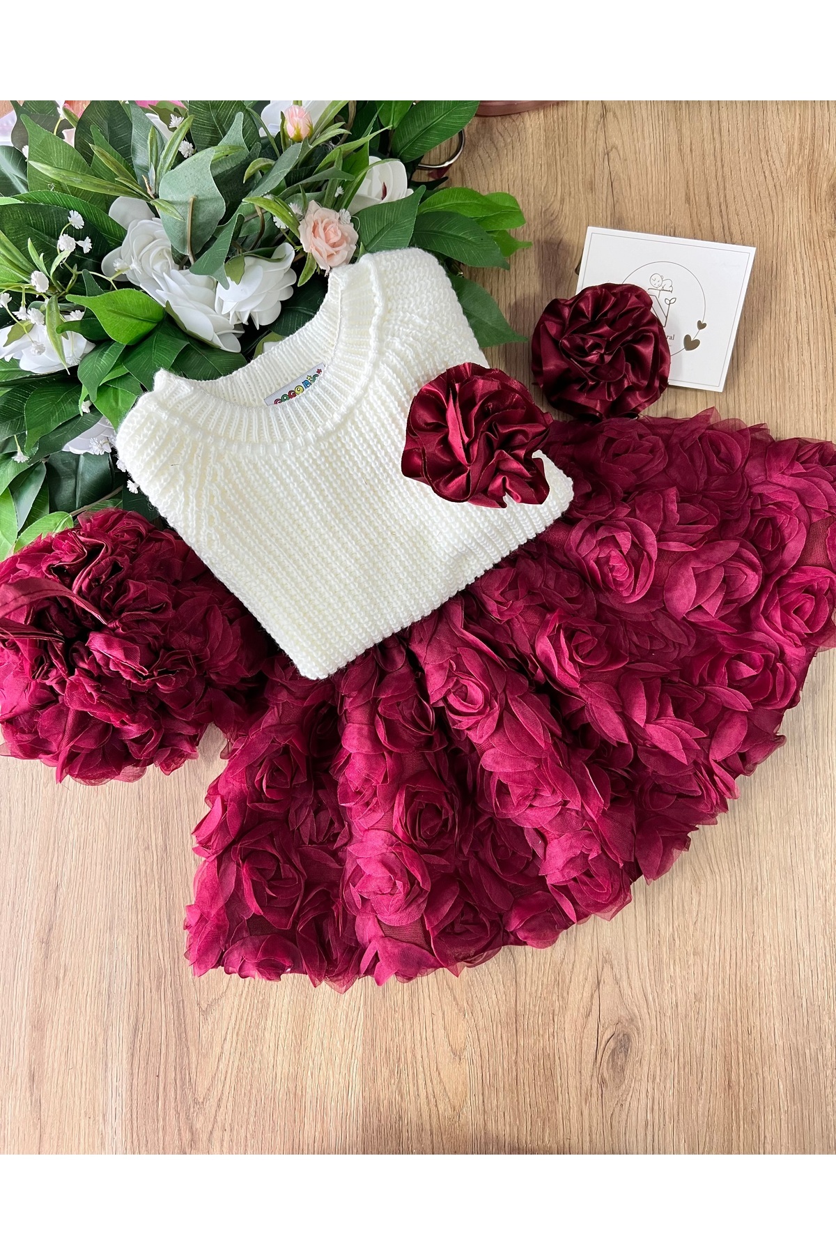 TREND NATURAL Kız Çocuk Triko Kazak ve Gül Detaylı Etek Toka ve Çanta 2-8 yaş Bordo ve Pembe fotoğrafı 5 (önizleme)