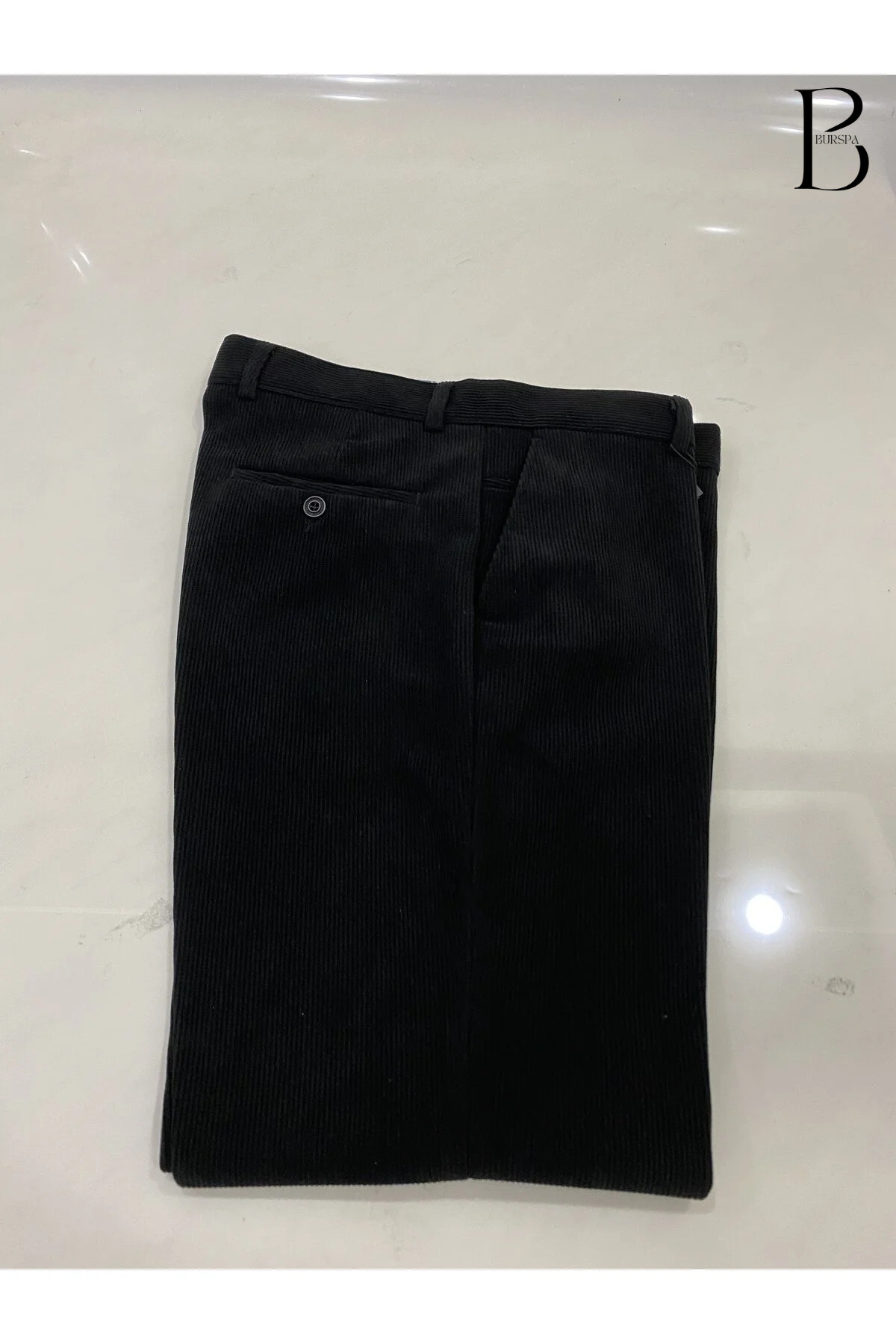 شلوار مخمل مردانه مشکی طرح ریلکس فیت زمستانی با آستر پشمی — مشکی P05 — تصویر 7 از 8
