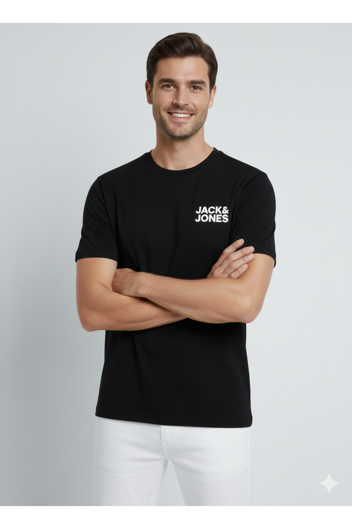 تی‌شرت مردانه مشکی - سفید کد ۱۲۱۵۱۹۵۵ طرح لوگوی Jjecorp جک اند جونز تی شرت Jack & Jones