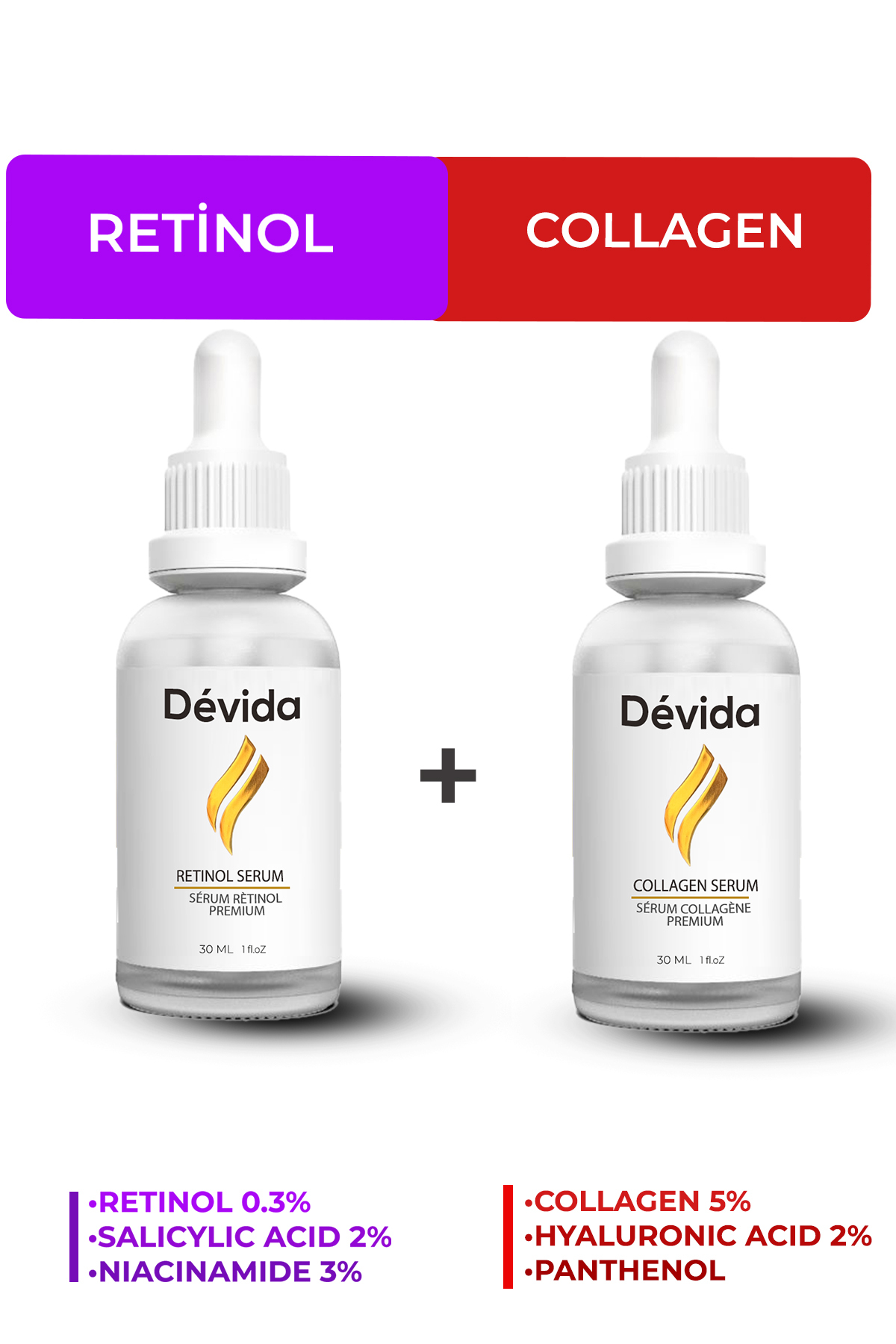 Devida Retinol + Kolajen Serum 2 li Set Kırışıklık Alın Çizgisi Göz Çevresi ve Kaz Ayağı — DA2601-A70