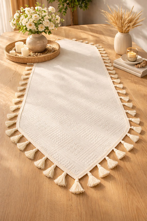 ŞAH TEXTILE DESIGN Püsküllü baklava desen buldan bezi bohem runner 40x110