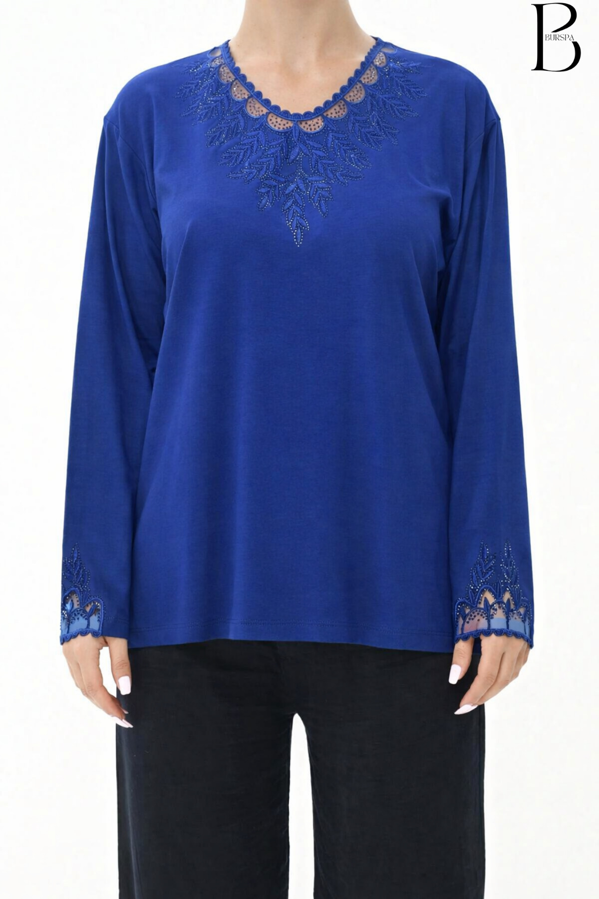Collar and Sleeve Tulle Detailed Stone Embroidered Blue Mother Combed Cotton Blouse