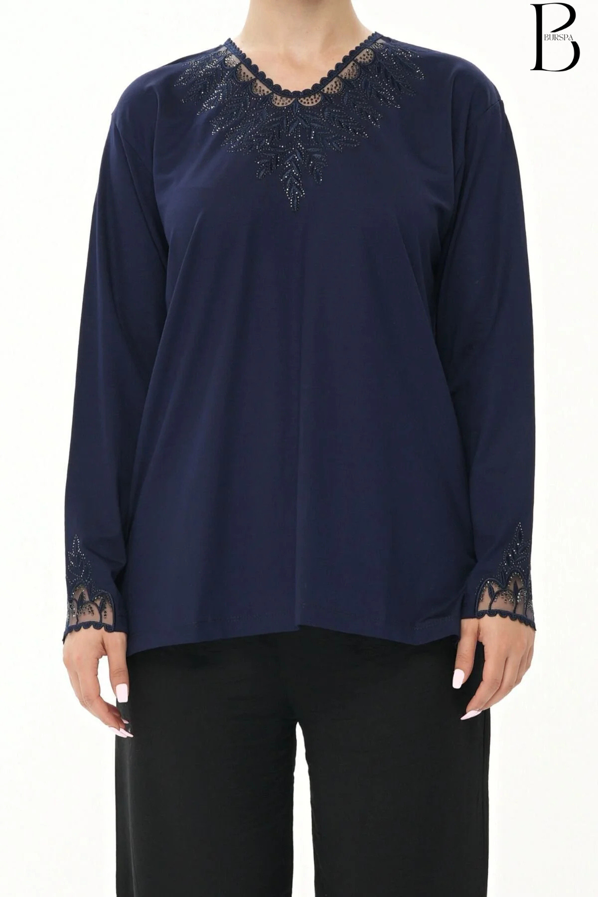 Neck And Sleeve Tulle Detailed Stone Embroidered Dark Navy Blue Mother Combed Cotton Blouse