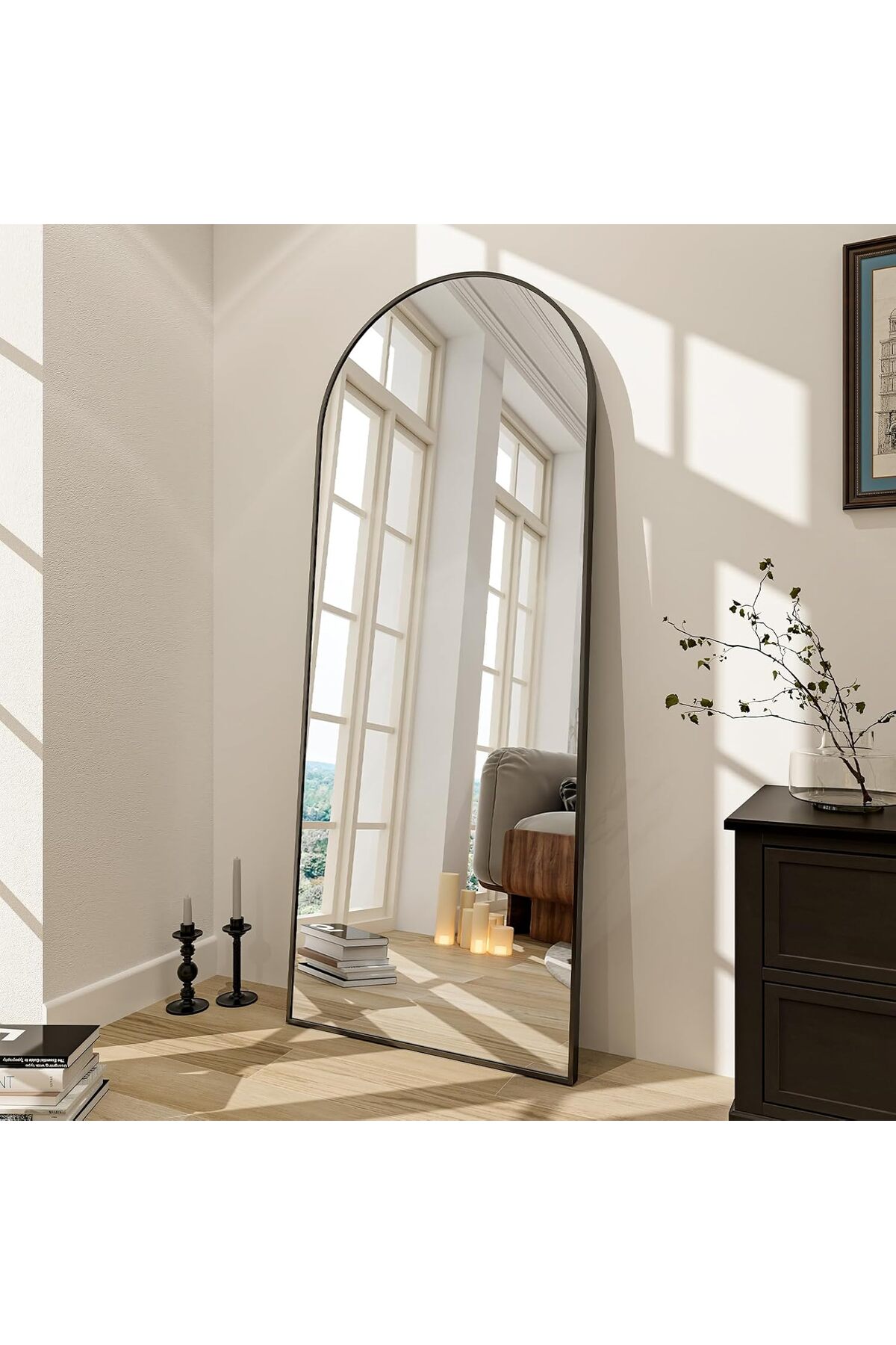 مرآة كاملة الطول المقاس {80x180سم} مع حامل مقوس، مرآة أرضية، مرآة حائط، معلقة/مائلة | أسود