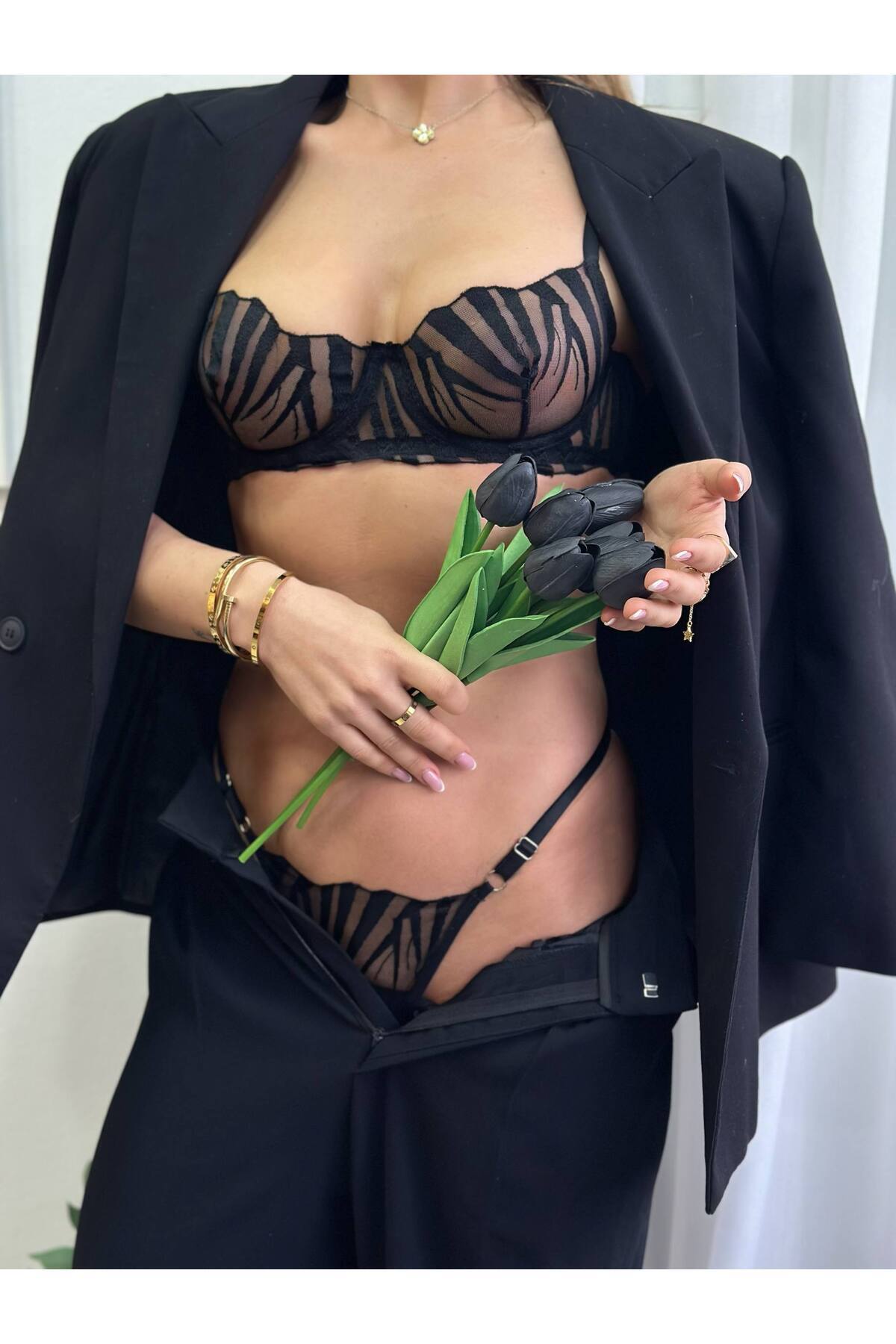 Black Zebra Pattern Transparent Tulle Underwired Comfortable Cut Bra Thong Set & Underwear Set