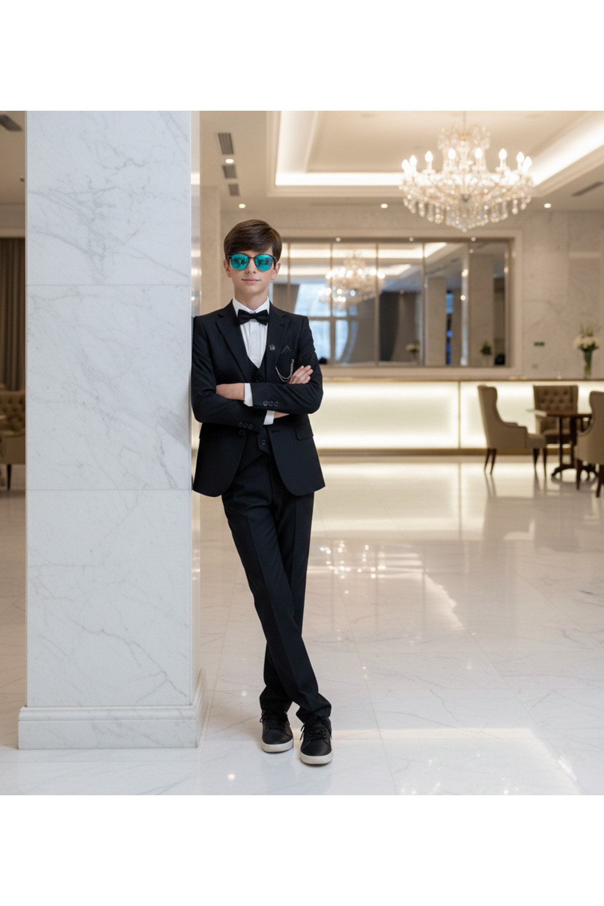 WENA KİDS Çocuk Takım Elbise Ceket Yelek Pantolon Gömlek Set Suit  Siyah fotoğrafı 2 (önizleme)