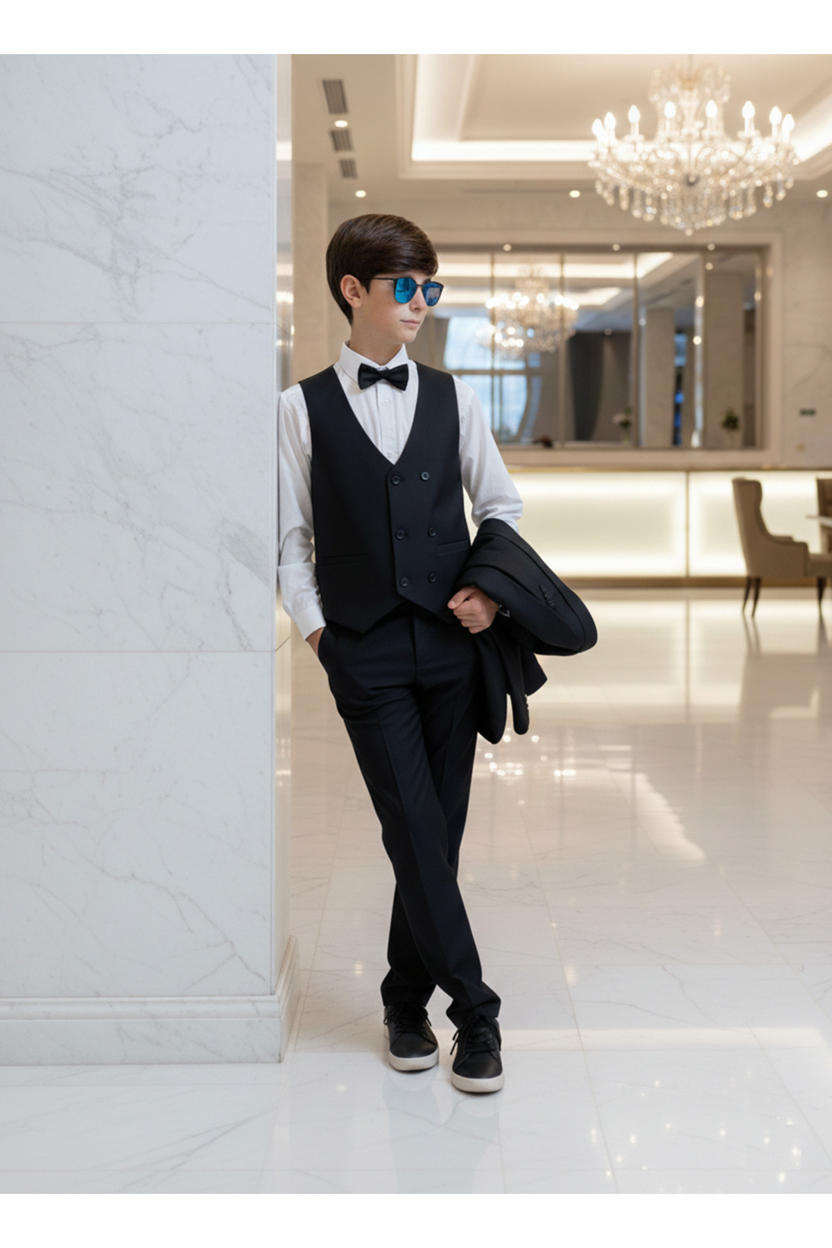 WENA KİDS Çocuk Takım Elbise Ceket Yelek Pantolon Gömlek Set Suit  Siyah fotoğrafı 4 (önizleme)