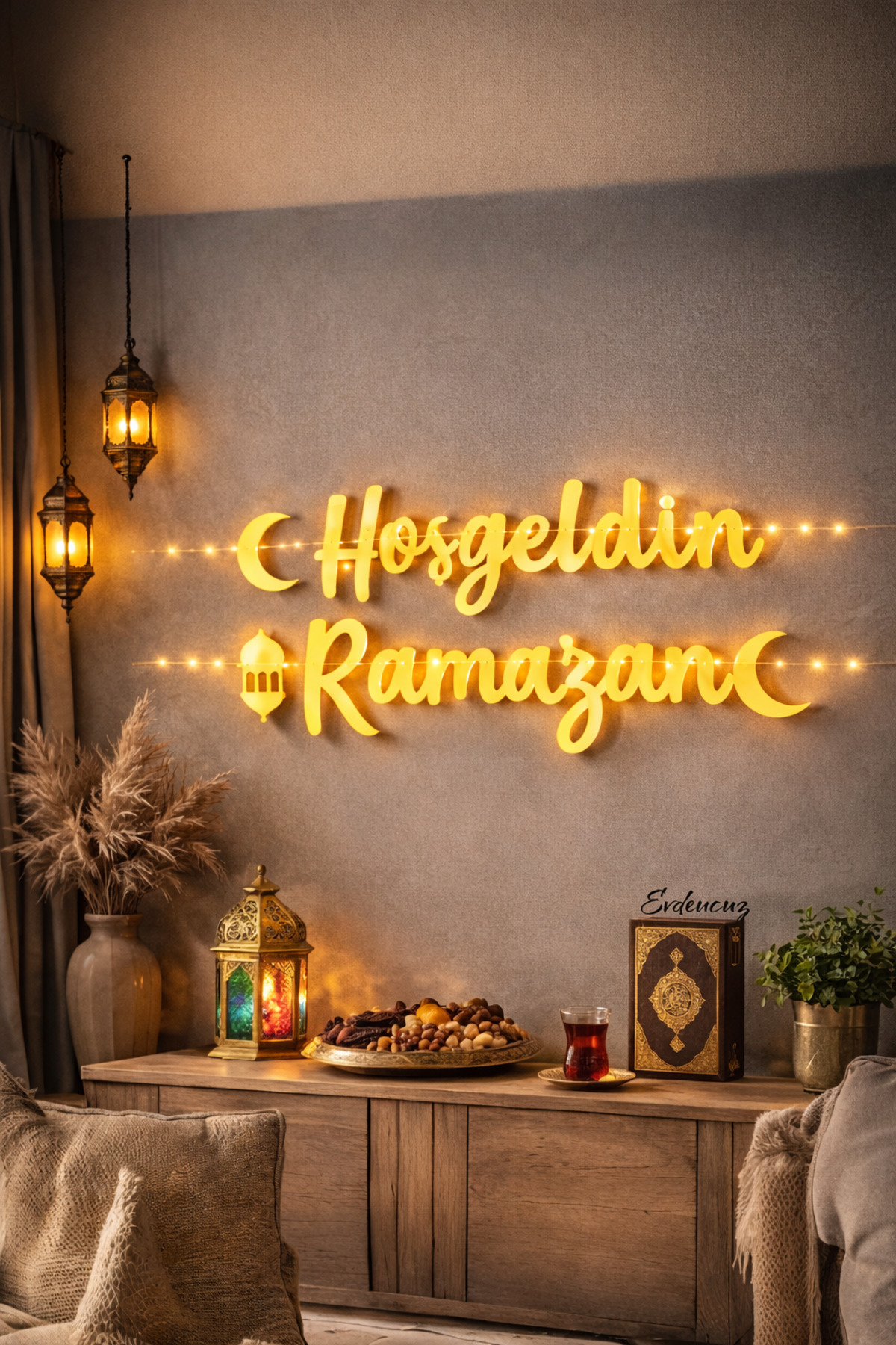 Hoşgeldin Ramazan Yazı Gold Kaligrafi Ledli Oda Süsleme Peri Led