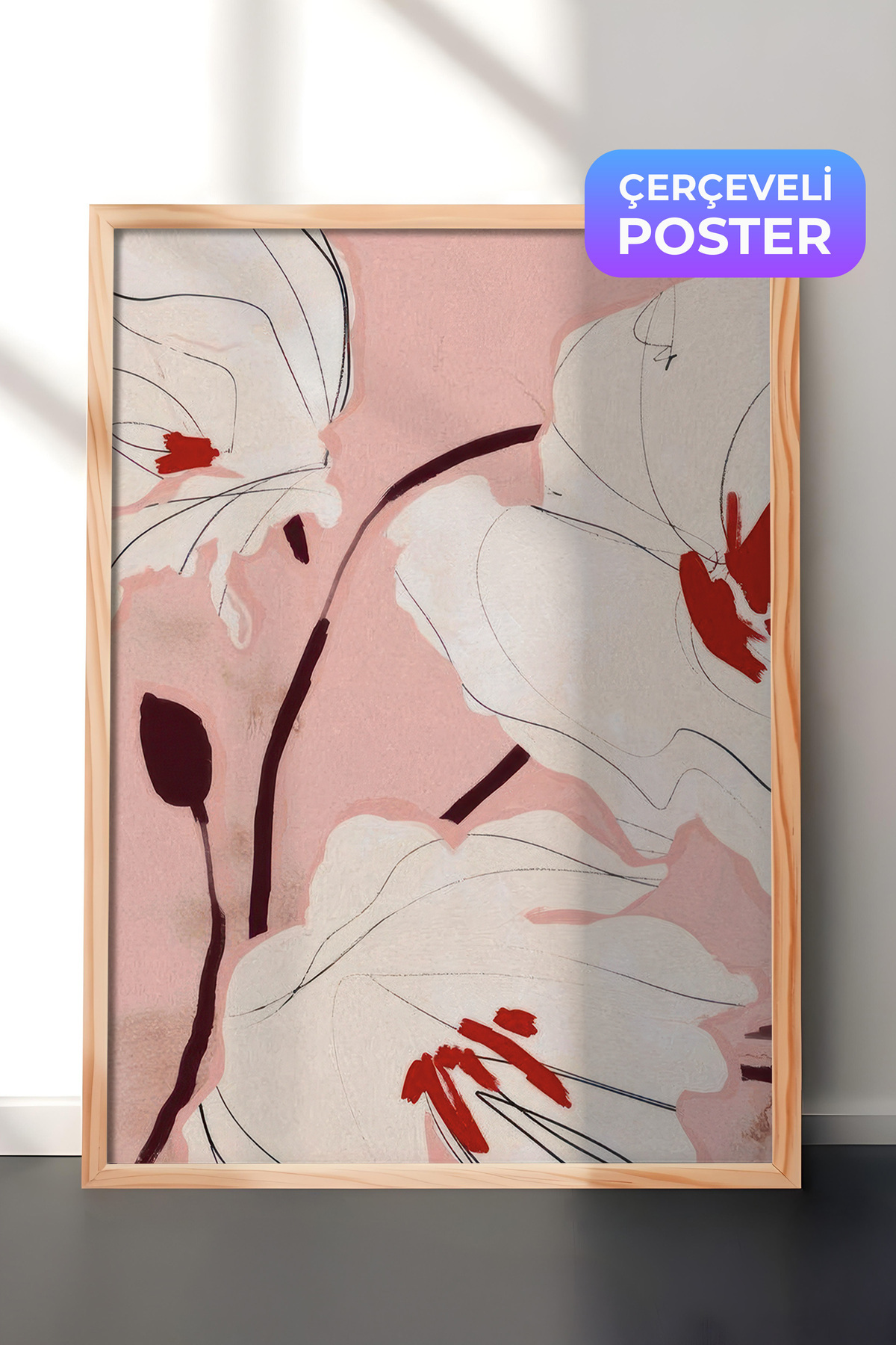 Bold Blossom Framed Table, Wooden Frame and Poster, Vertical Wall Table Comfort Series NO:108571