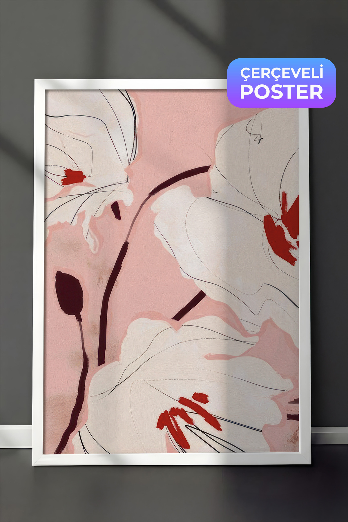 Bold Blossom Framed Table, White Frame and Poster, Vertical Wall Table Comfort Series NO:108571
