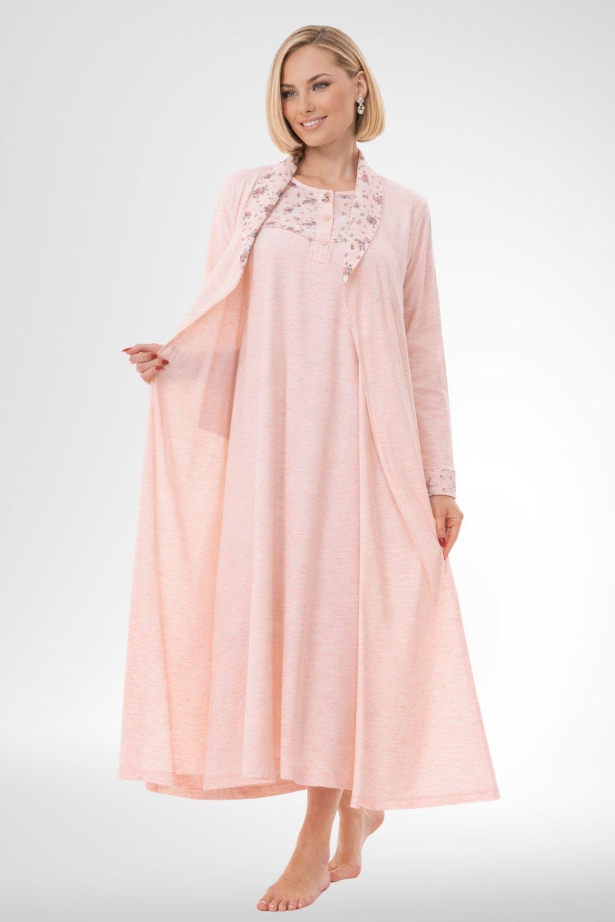 Mecit Pijama Mecit 6313 Pudra Kadın Büyük Beden Sabahlıklı Gecelik Takım