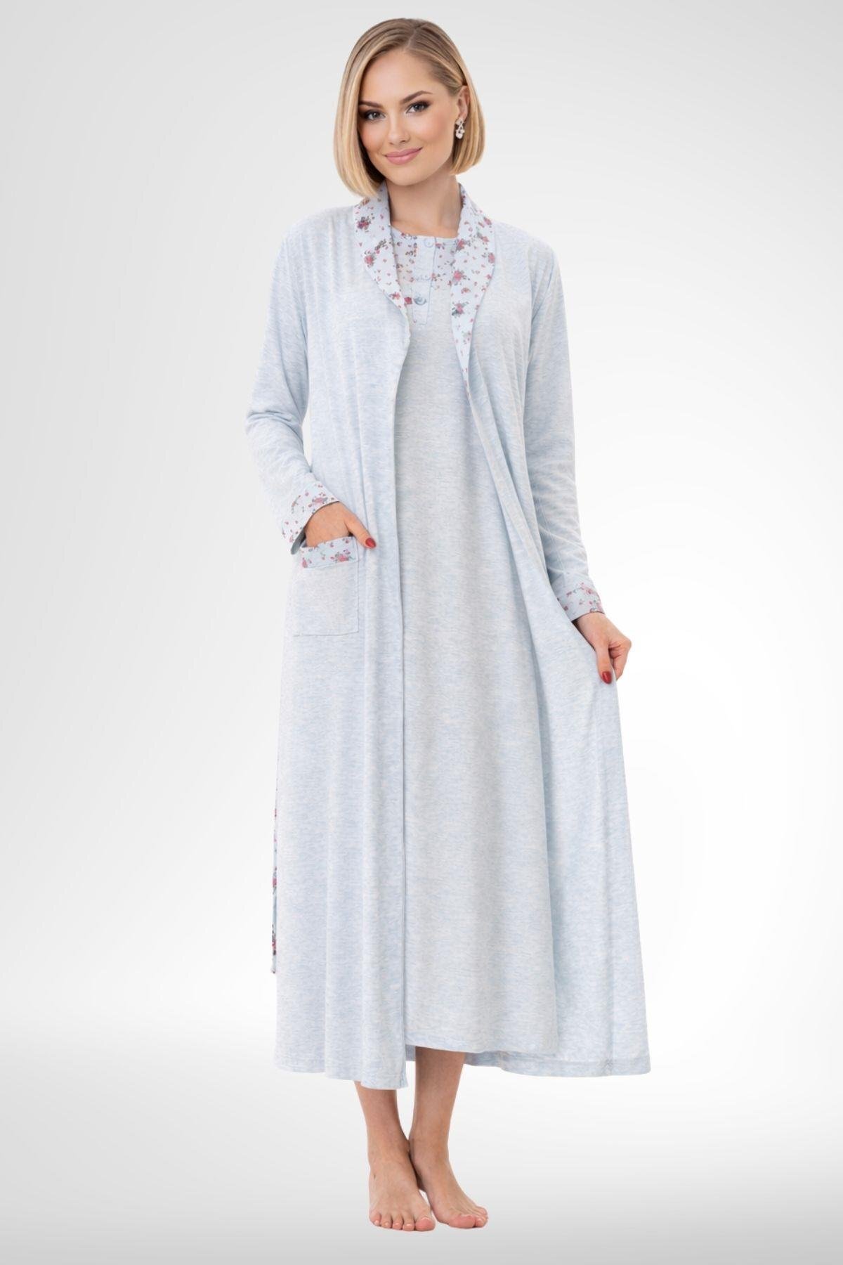 Mecit Pijama Mecit 6313 Mavi Kadın Büyük Beden Sabahlıklı Gecelik Takım