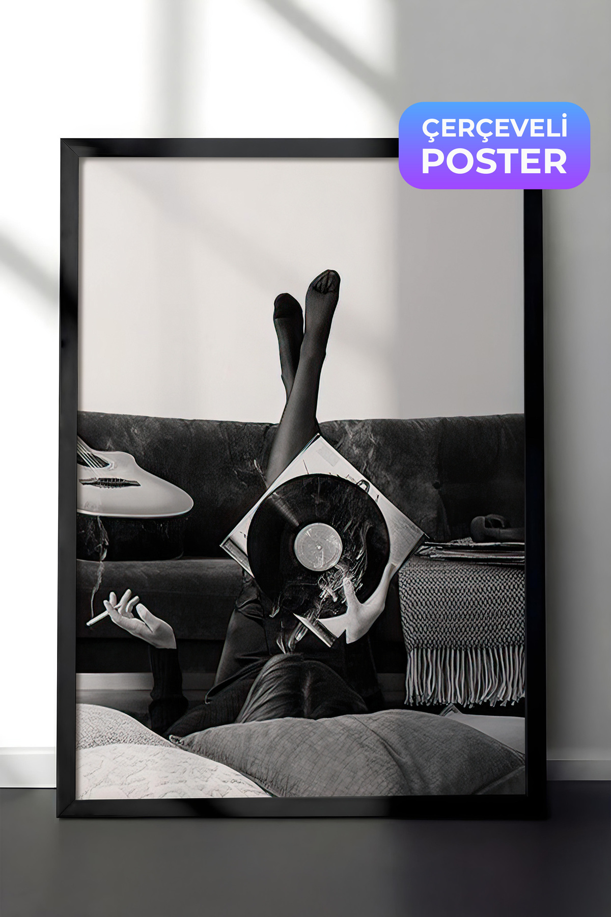 Smoky Vinyl Record Framed Table, Black Frame and Poster, Wall Table Comfort Series NO:108395