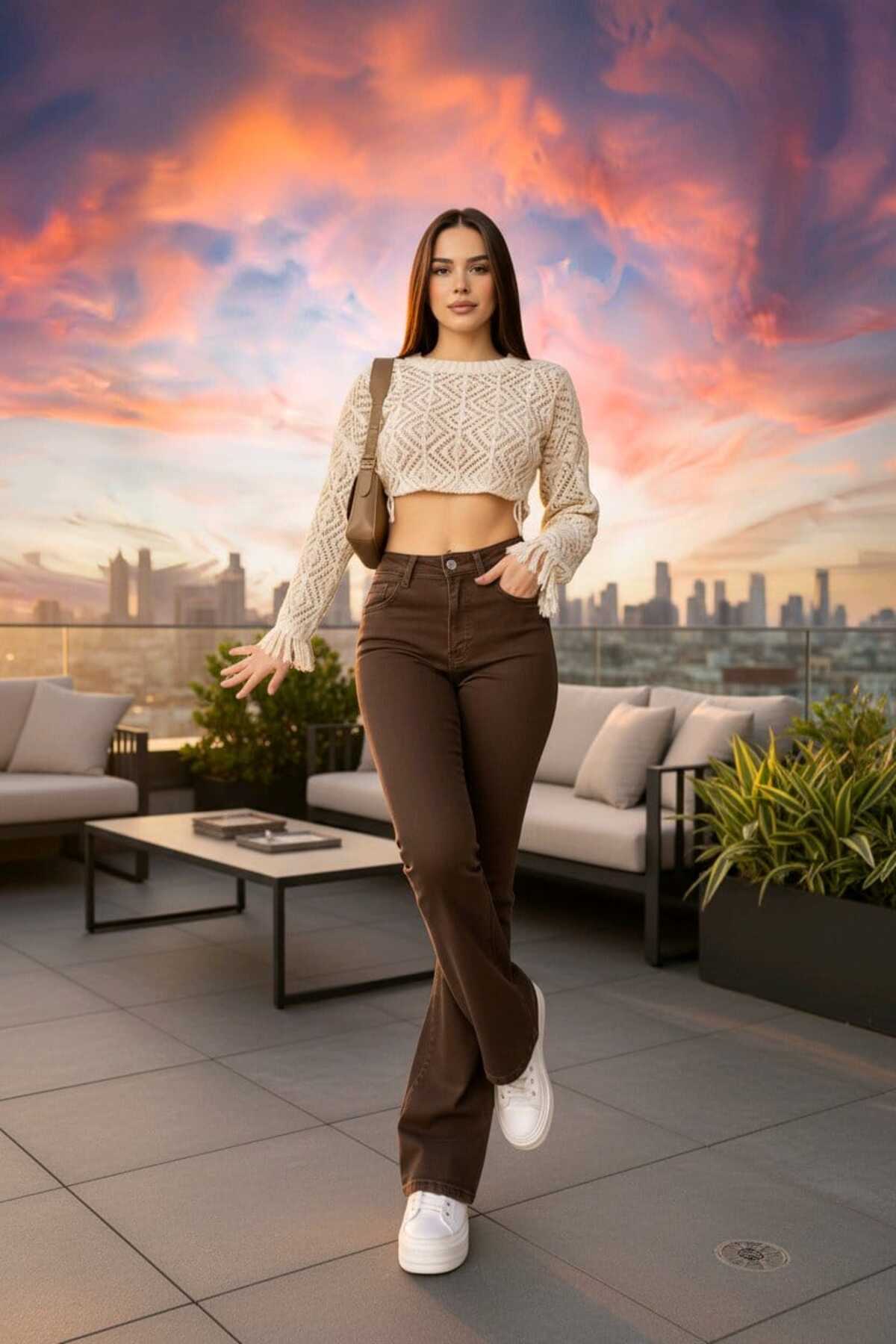 NWC  İspanyol Paça Flare Jeans Kot Pantolon Yüksek Bel Kahverengi Likralı - Görsel 3