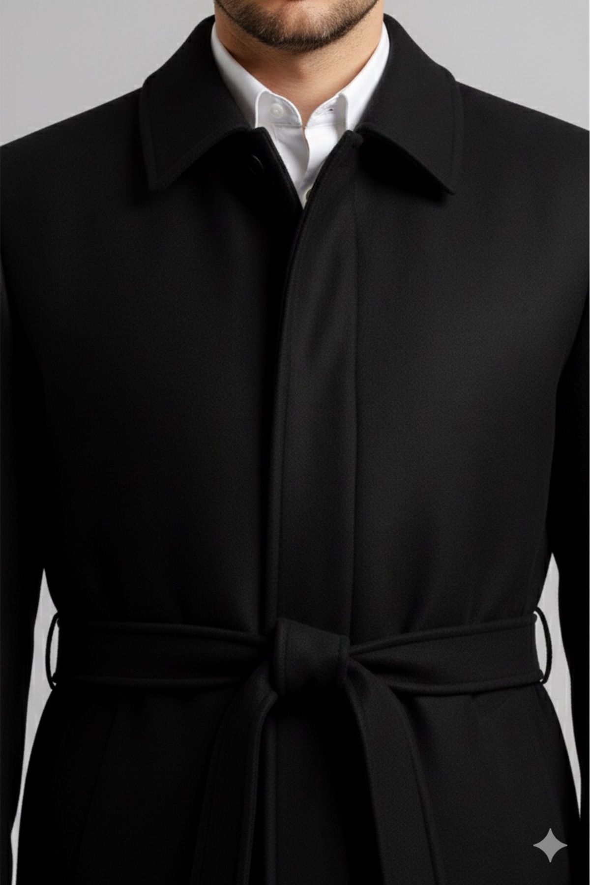 ECALAMODE  Erkek Siyah Kaşe Kaban Uzun Kuşaklı Yünlü Palto | Regular Fit Klasik Kışlık Mont - Görsel 3