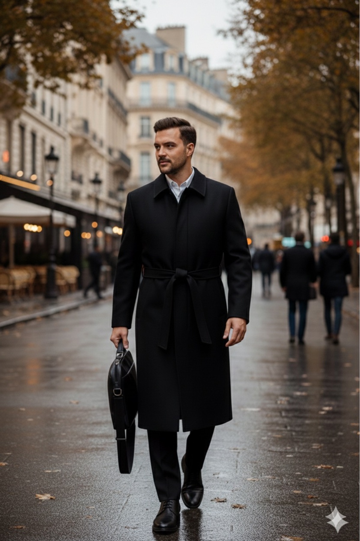 ECALAMODE  Erkek Siyah Kaşe Kaban Uzun Kuşaklı Yünlü Palto | Regular Fit Klasik Kışlık Mont - Görsel 4