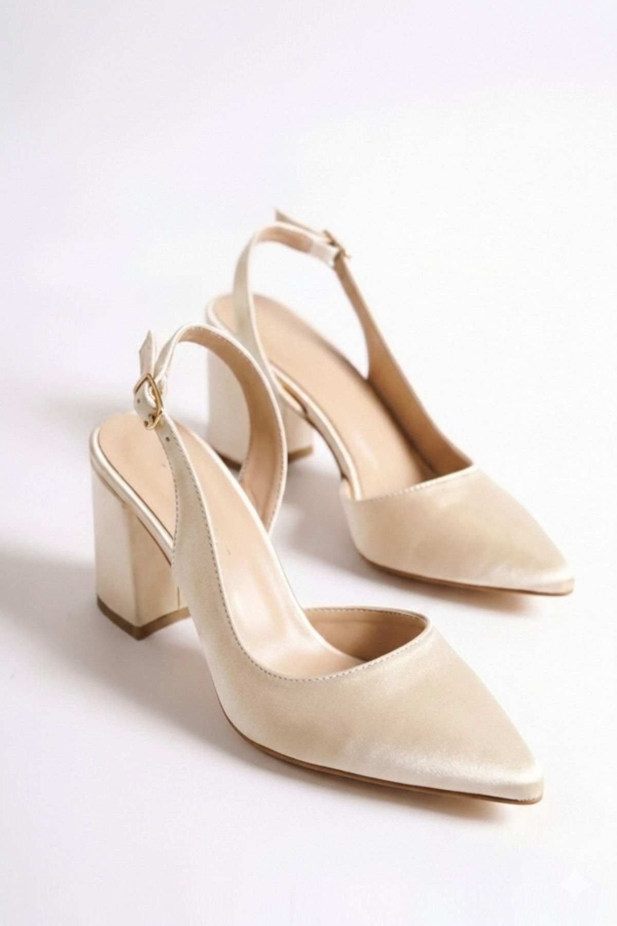 Women's Beige Satin Fabric Asymmetrical Band Pointed Toe Thick Heel Shoes