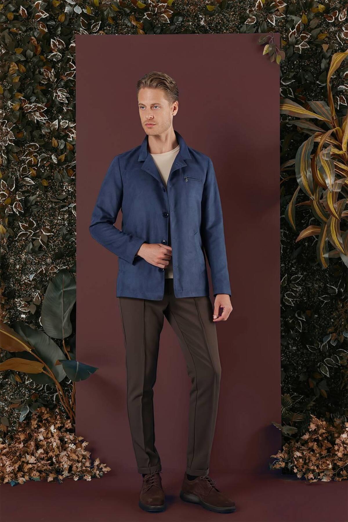 Efor Erkek Slim Fit Havacı Süet Görünümlü Mavi Kaban KA 080