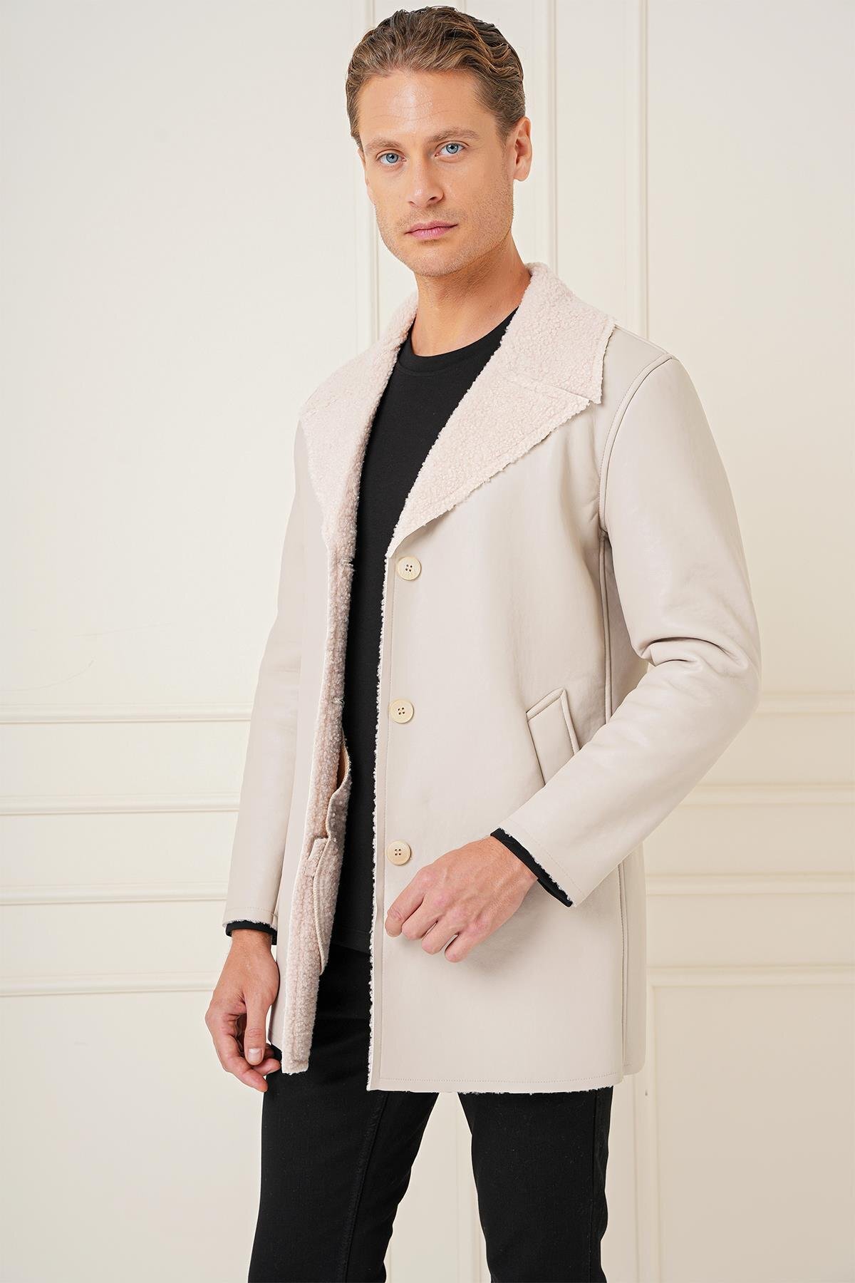 Erkek Slim Fit Taş / Kırık Beyaz Kaban KA 090 — خاکستری KA090K0724 — تصویر 3 از 7