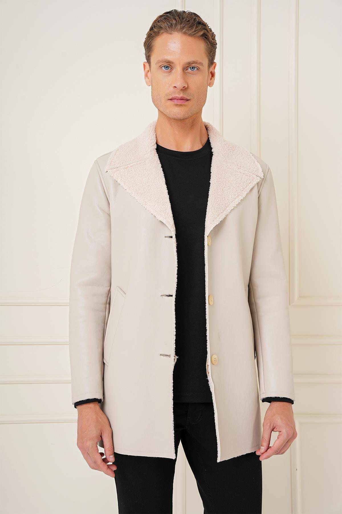 Erkek Slim Fit Taş / Kırık Beyaz Kaban KA 090 — خاکستری KA090K0724 — تصویر 5 از 7