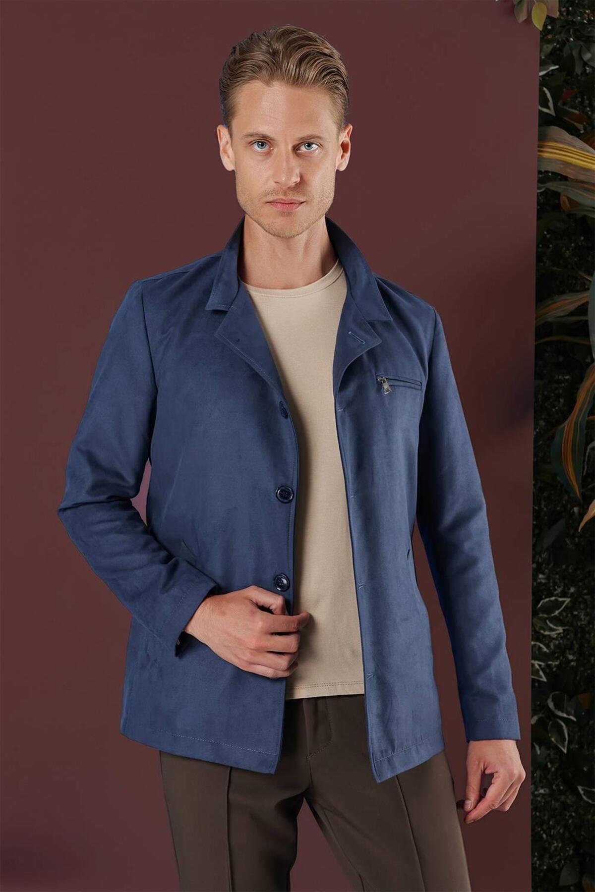 Efor Erkek Slim Fit Havacı Süet Görünümlü Mavi Kaban KA 080 görsel 2