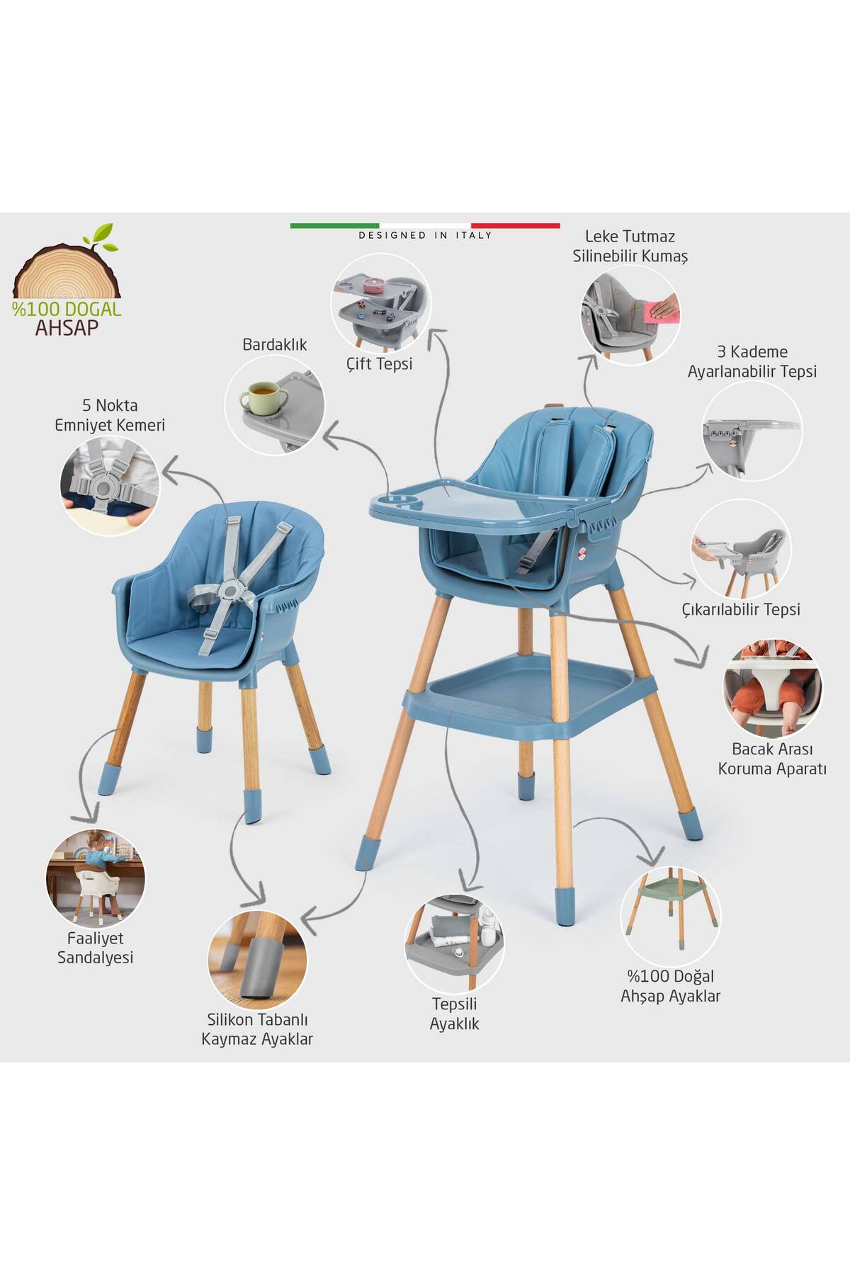Elele Verona 2 4in1 Ahşap Bebek Mama Sandalyesi ve Mama Oturağı Deri Pedli Mavi fotoğrafı 3 (önizleme)