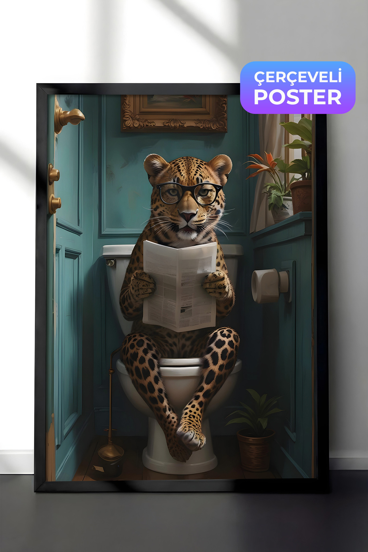 Black Framed Table, Leopard in Toilet, Comfort Series Kitchen Wall Table, NO:108926