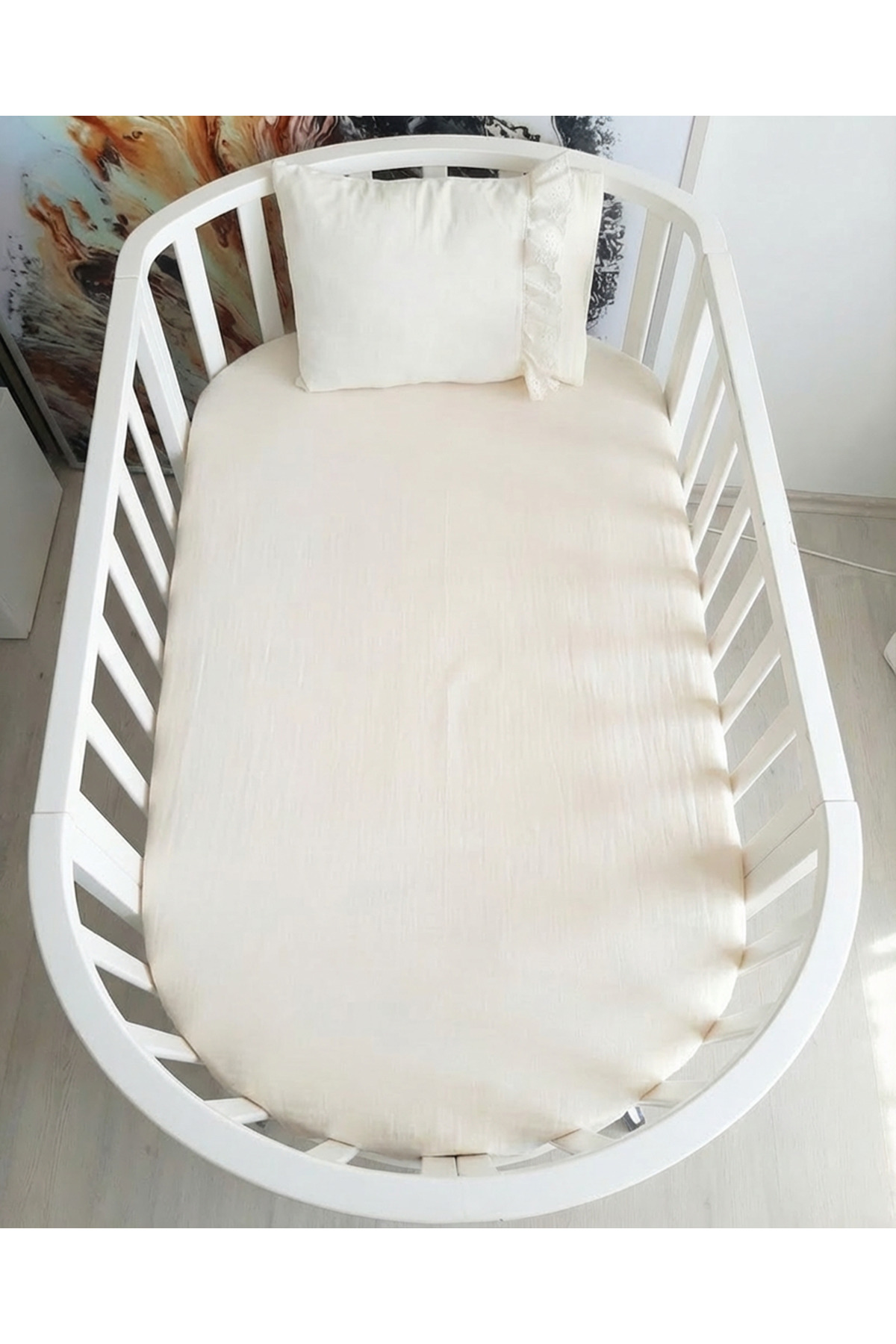 Pufuduk Baby Lüks Fisto İşlemeli %100 Pamuk 2 Katlı Müslin Lastikli Bebek Çarşaf ve Yastık Seti - Krem fotoğrafı 6 (önizleme)