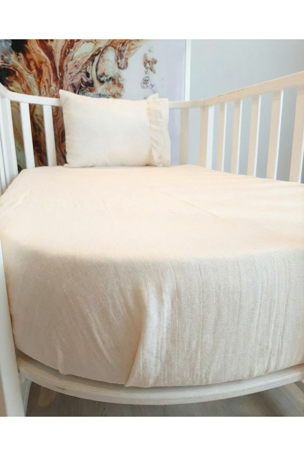Pufuduk Baby Lüks Fisto İşlemeli %100 Pamuk 2 Katlı Müslin Lastikli Bebek Çarşaf ve Yastık Seti - Krem fotoğrafı 2 (önizleme)