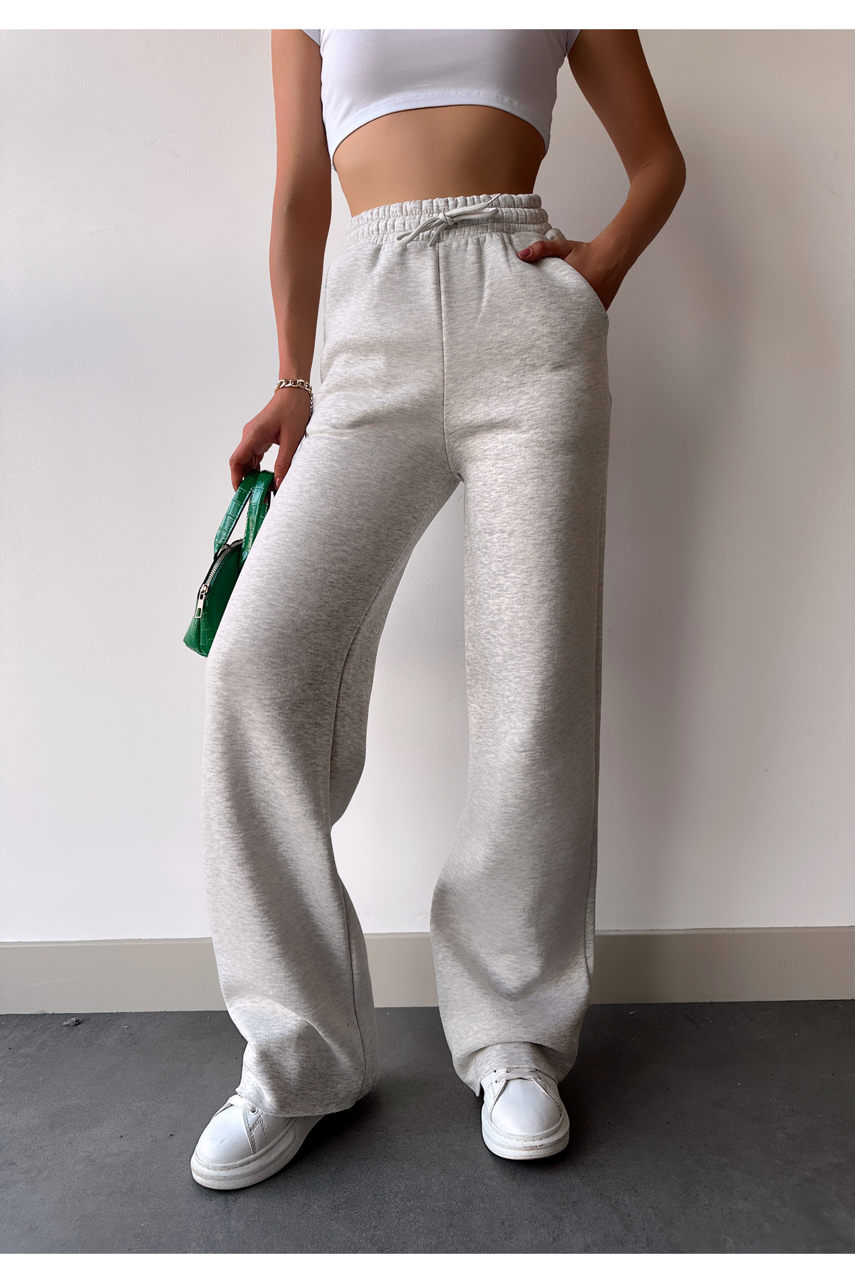 Women's Light Gray Fleece Winter Lace-Up High Waist Wide Leg Sweatpants
