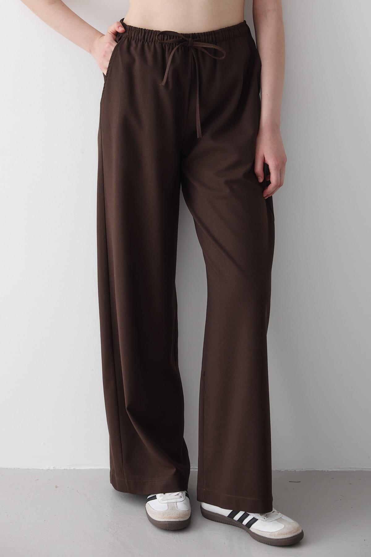 JASTE  Kadın Beli Lastikli Bol Paça Palazzo Pantolon ACI KAHVERENGİ - Görsel 3