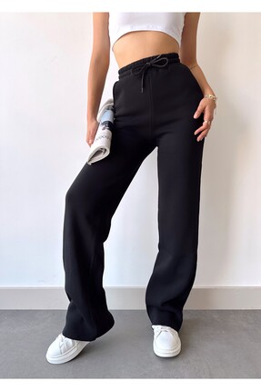 schlank Kadın Siyah İçi Polarlı Kışlık Bağcıklı Yüksek Bel Bol Paça Eşofman Altı