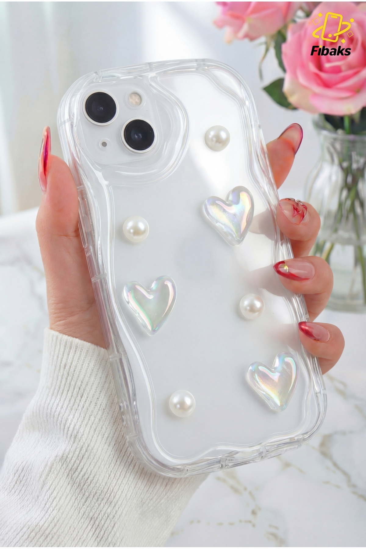 iPhone 14 Plus/15 Plus Case 3d Heart Pearl Design Patterned Camera Protected Transparent Silicone