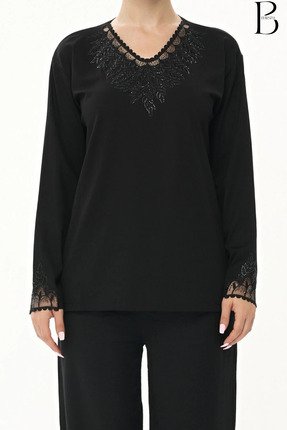 BURSPA Yaka Ve Kol Ucu Tül Detaylı Taş Işlemeli Siyah Anne Penye Bluz