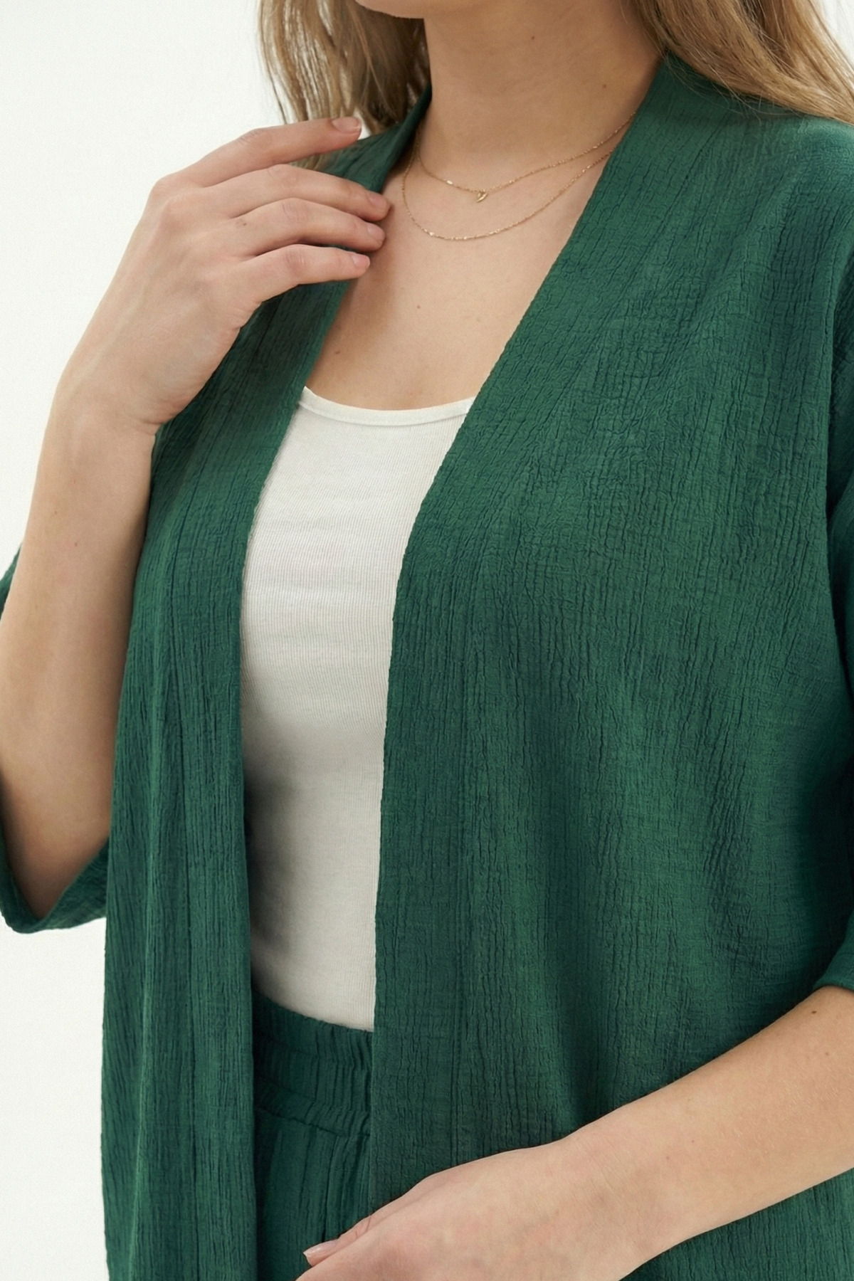 Talvien  Büyük Beden Kimono Hırkalı 2’li Takım – Bürümcük Kumaş Oversize Şık Set - Görsel 4