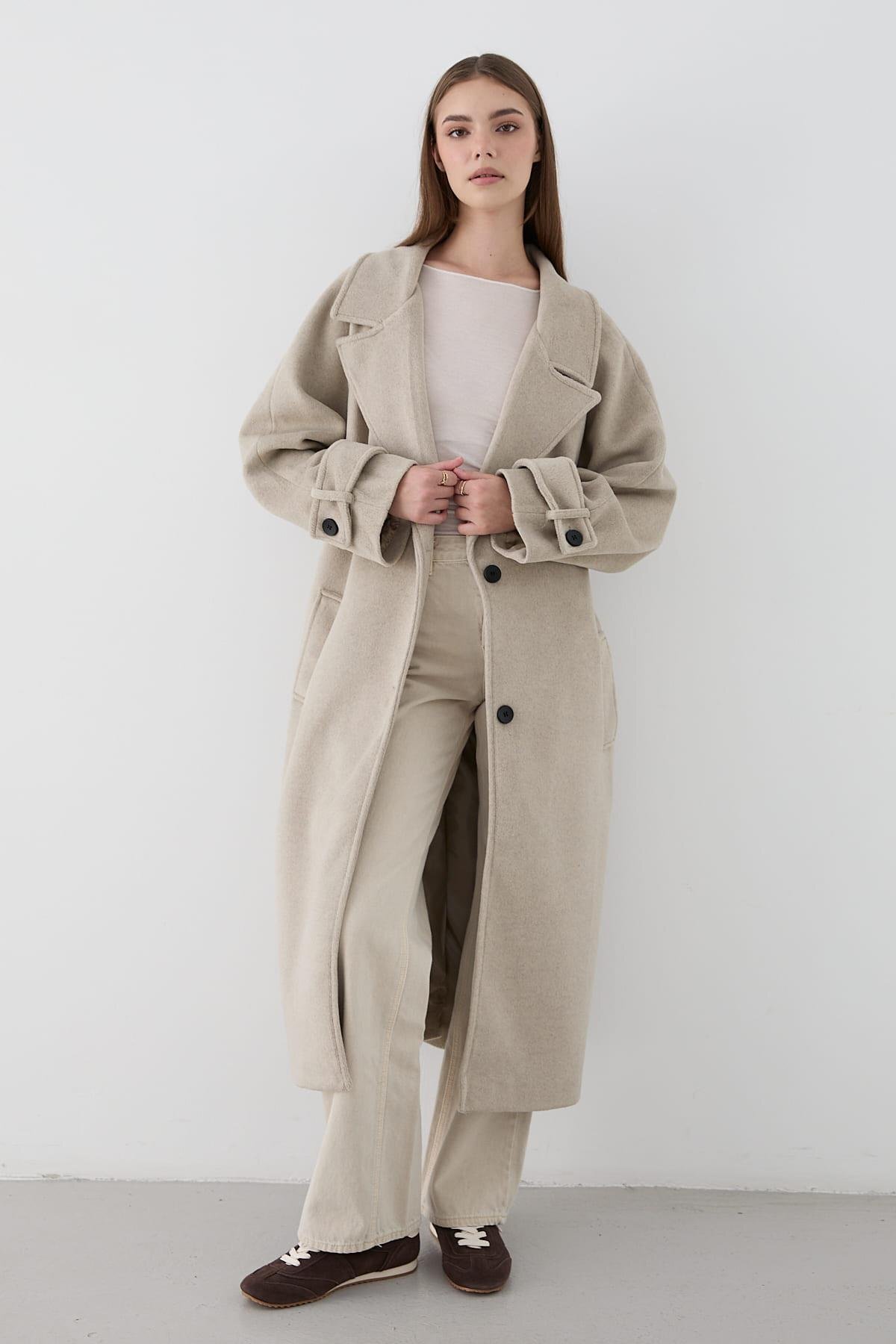 JASTE  Kadın Geniş Rever Yaka Kuşaklı Uzun Kaban VİZON - Görsel 3