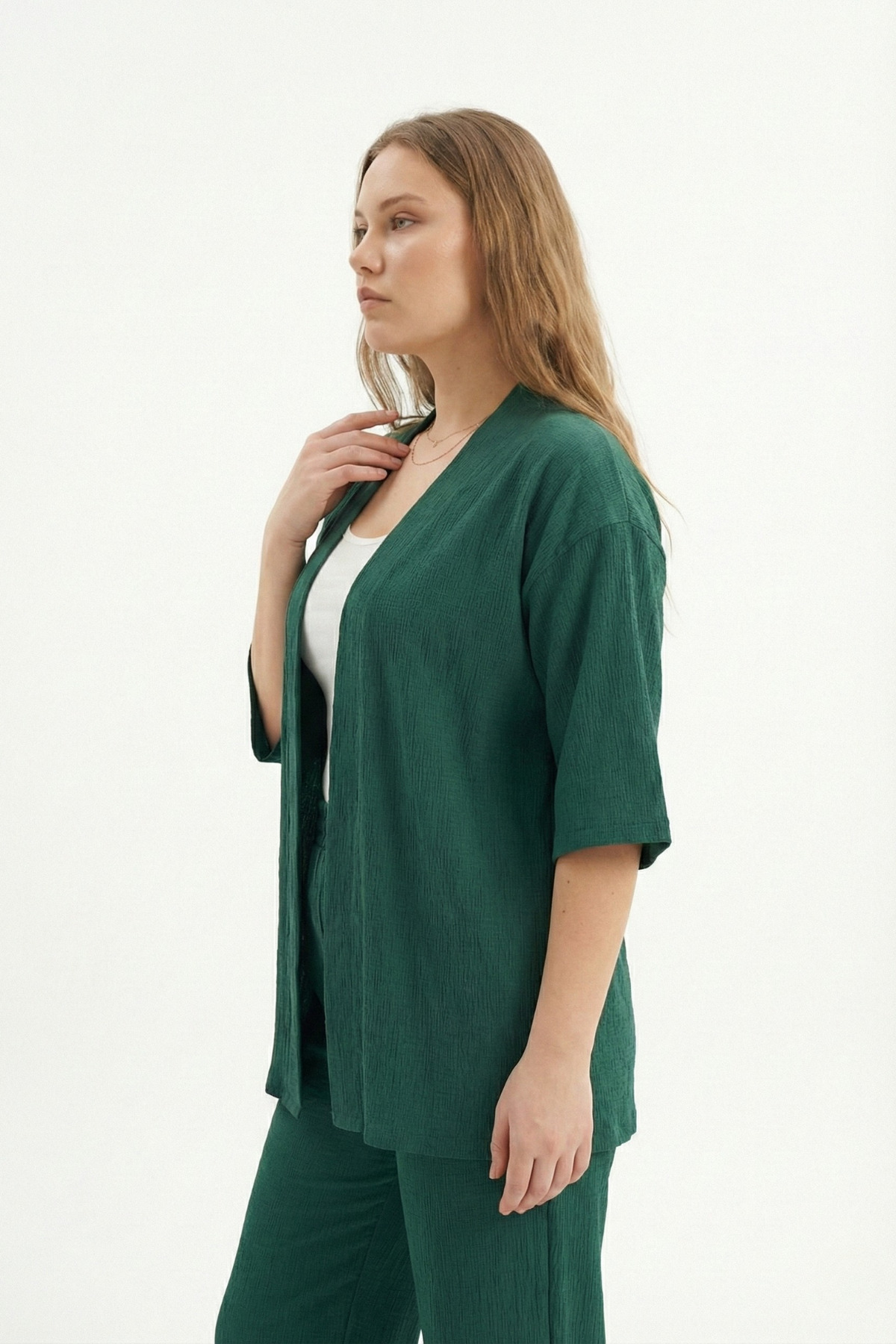 Talvien  Büyük Beden Kimono Hırkalı 2’li Takım – Bürümcük Kumaş Oversize Şık Set - Görsel 3