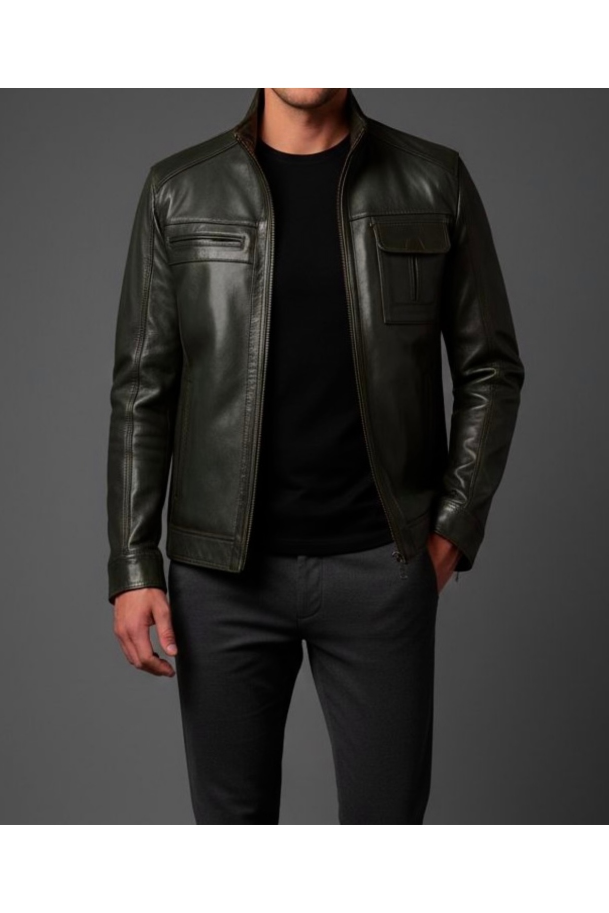 SAVARA  Erkek dik yaka koyu yeşil hakiki deri mont regular kalıp %100 orginal